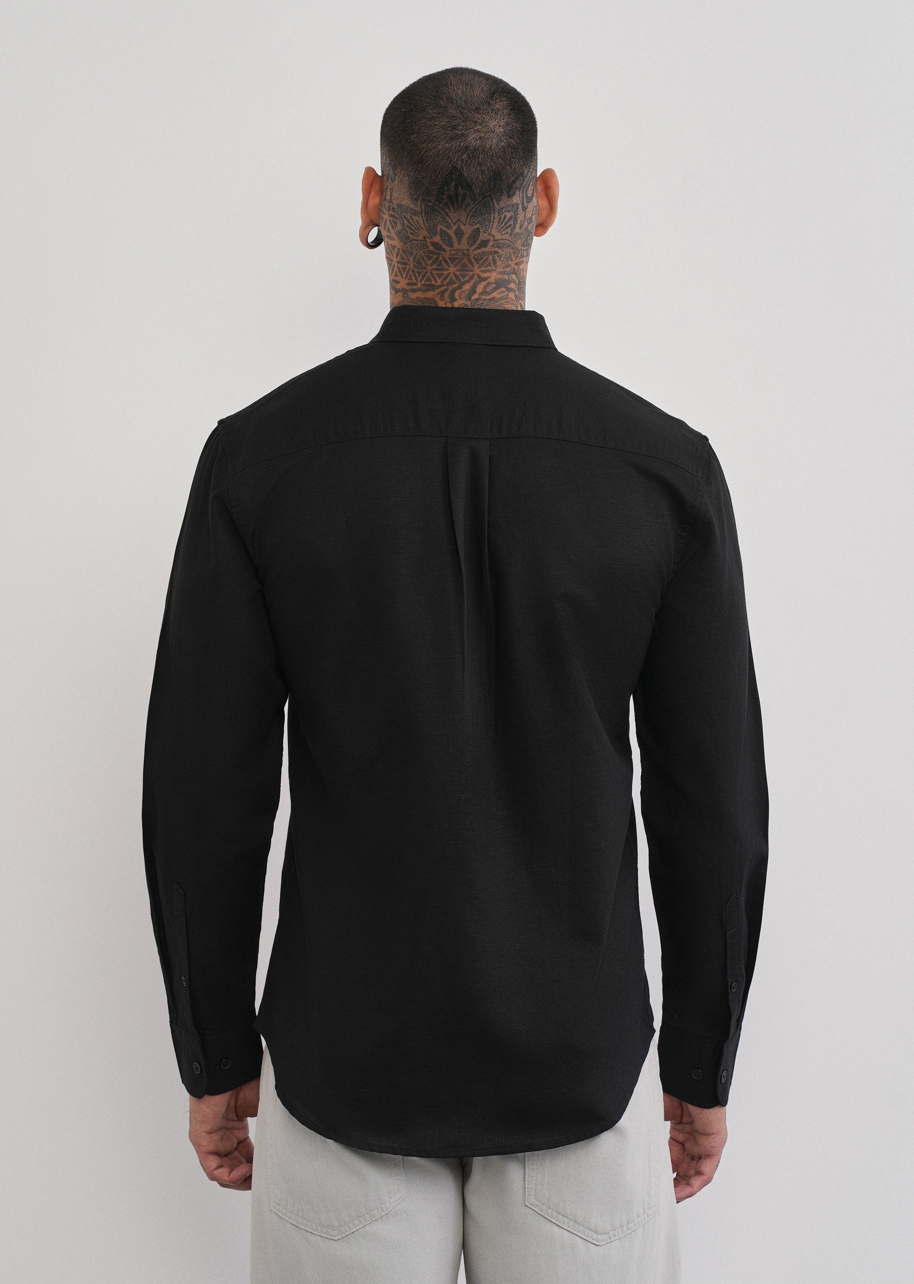 Black Cotton Linen Plain Shirt - Image 2