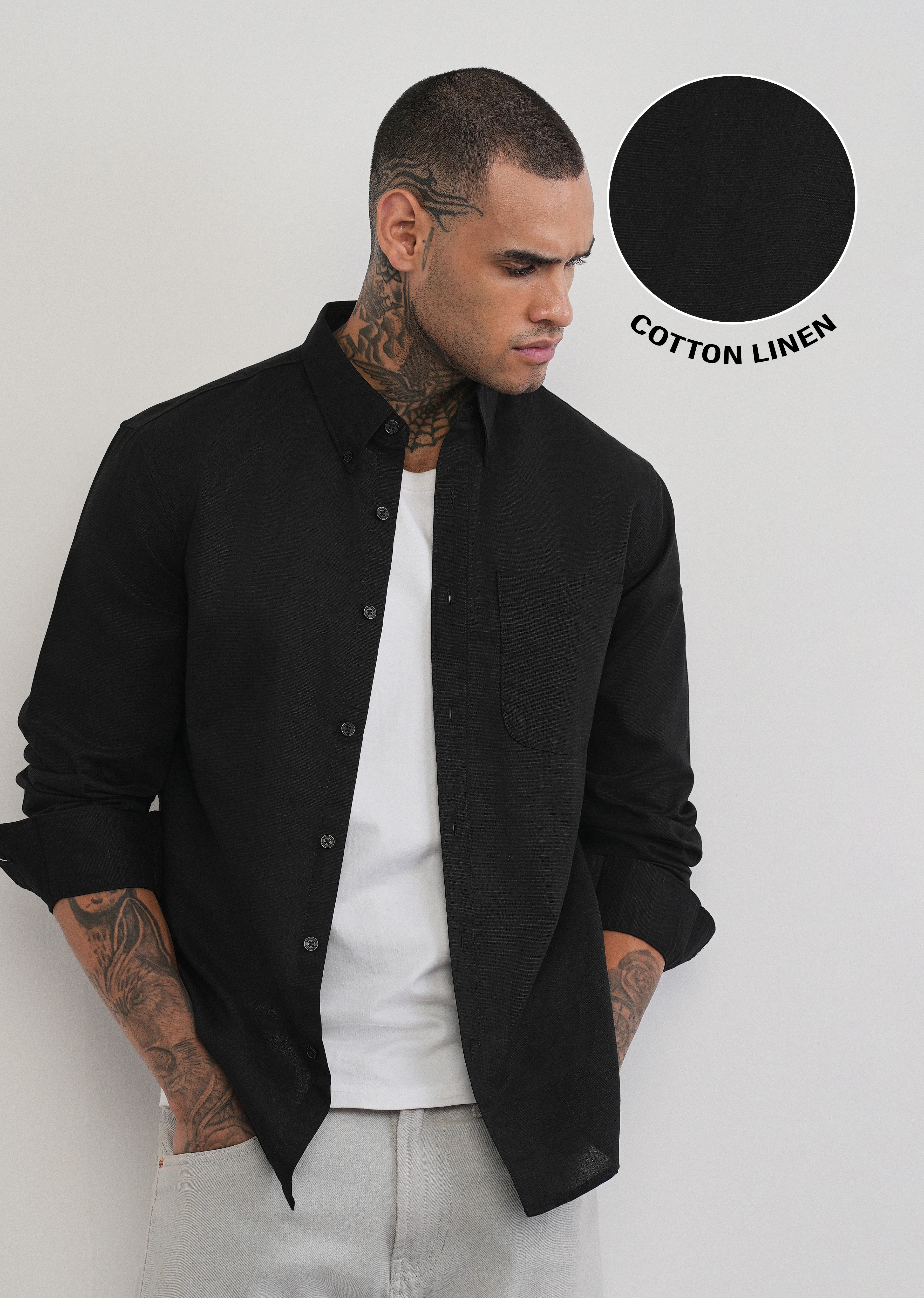 Black Cotton Linen Plain Shirt - Image 7