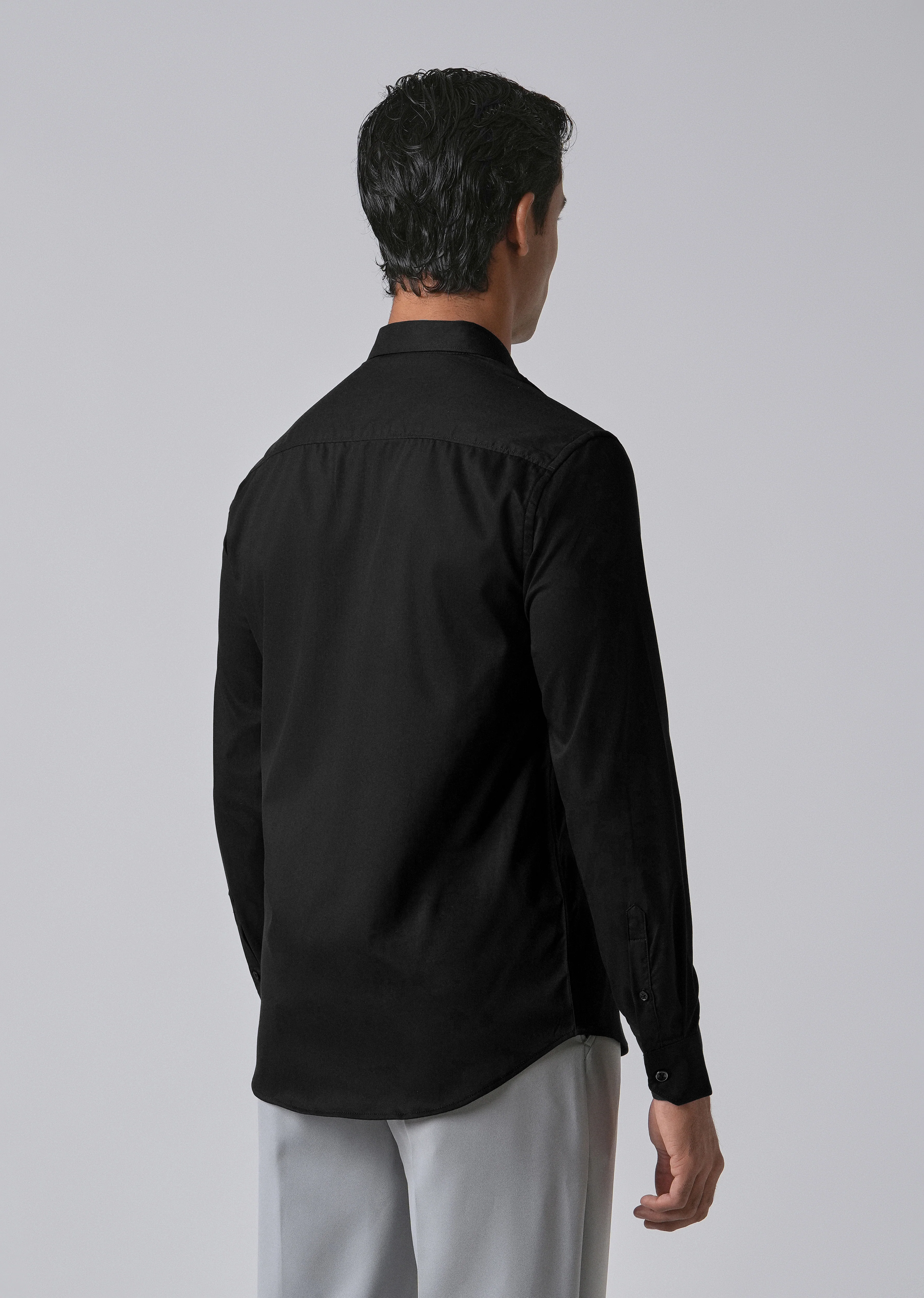 Black Cotton Stretch Plain Shirt - Image 2