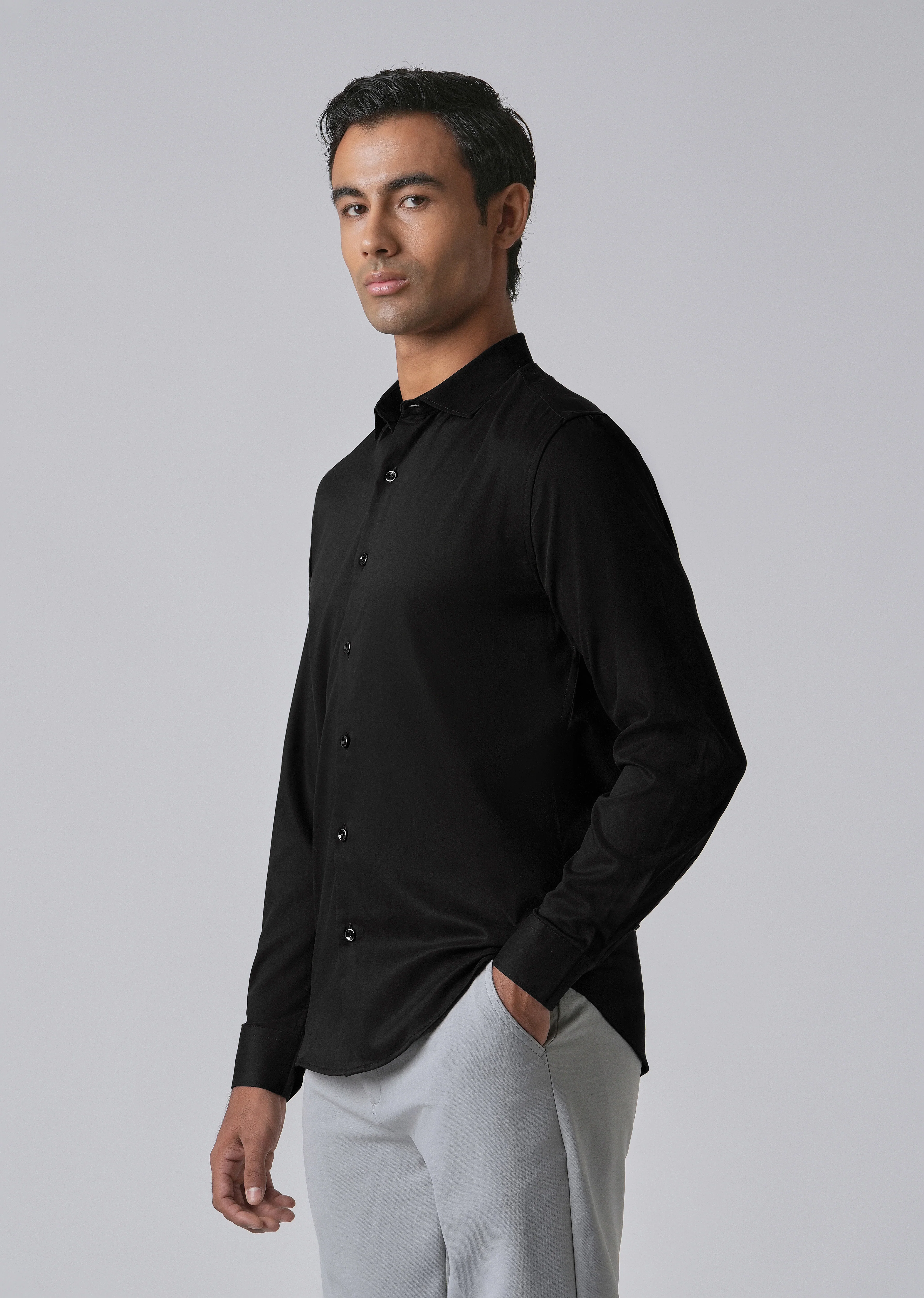Black Cotton Stretch Plain Shirt - Image 4