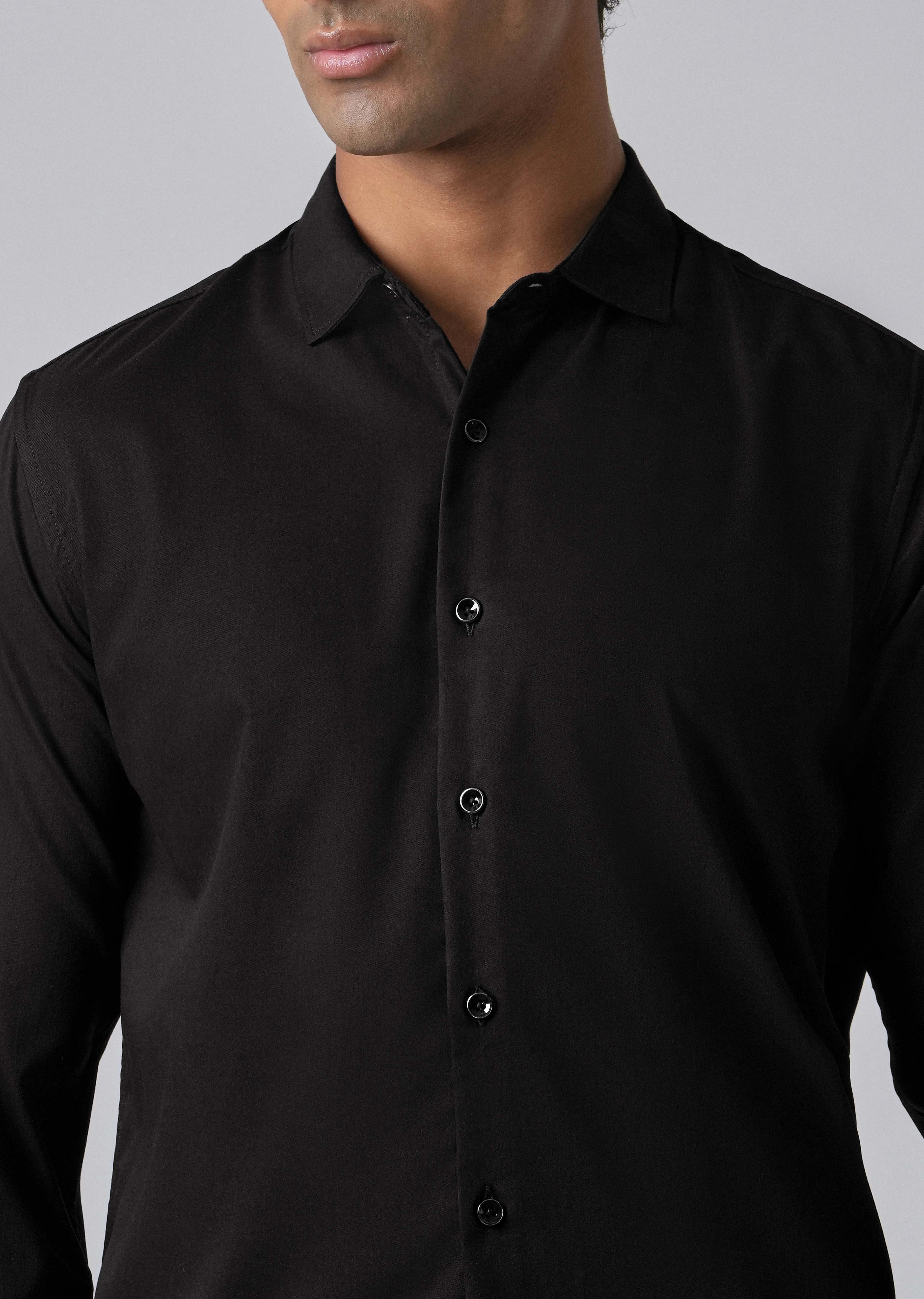Black Cotton Stretch Plain Shirt - Image 5
