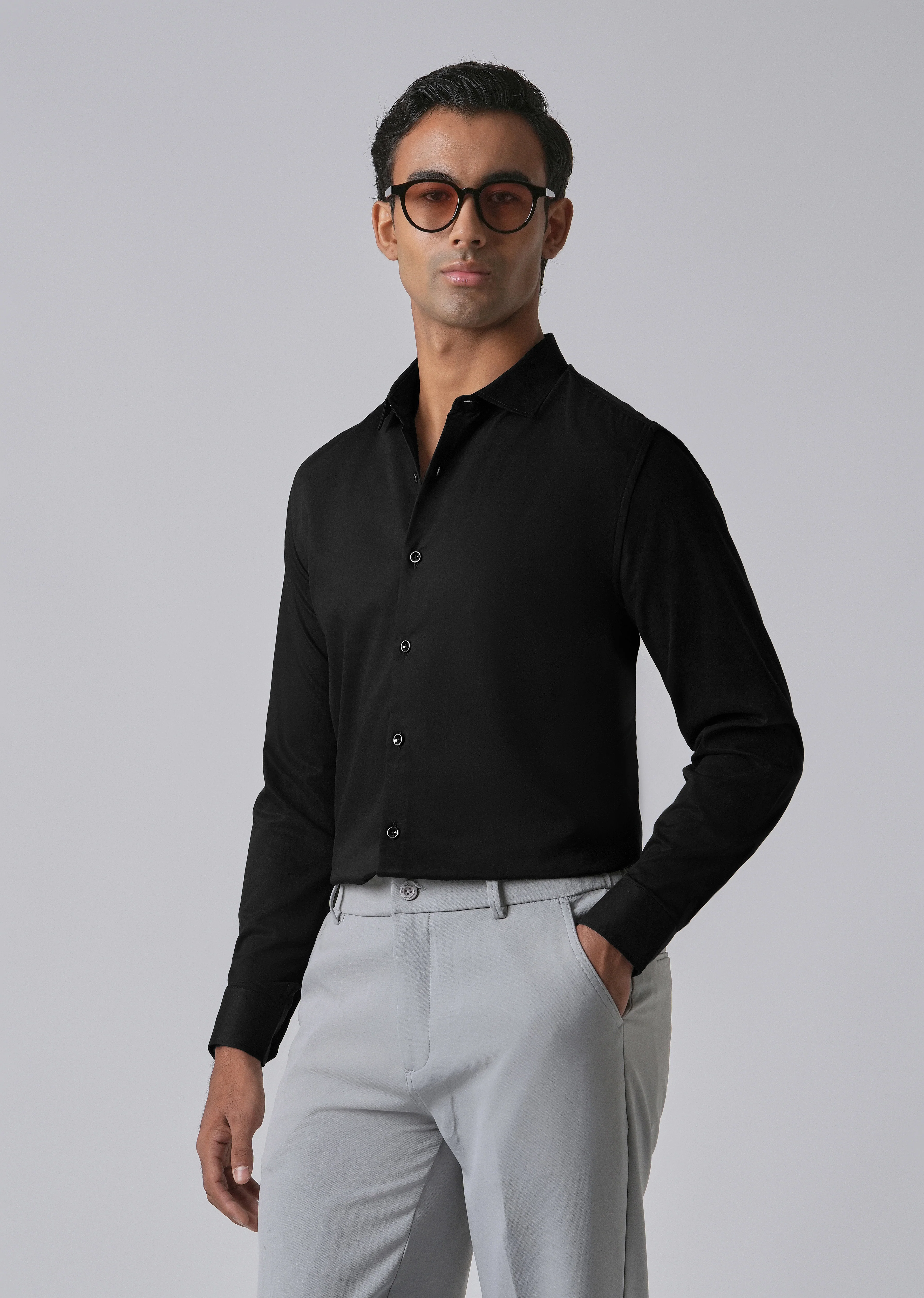 Black Cotton Stretch Plain Shirt - Image 7