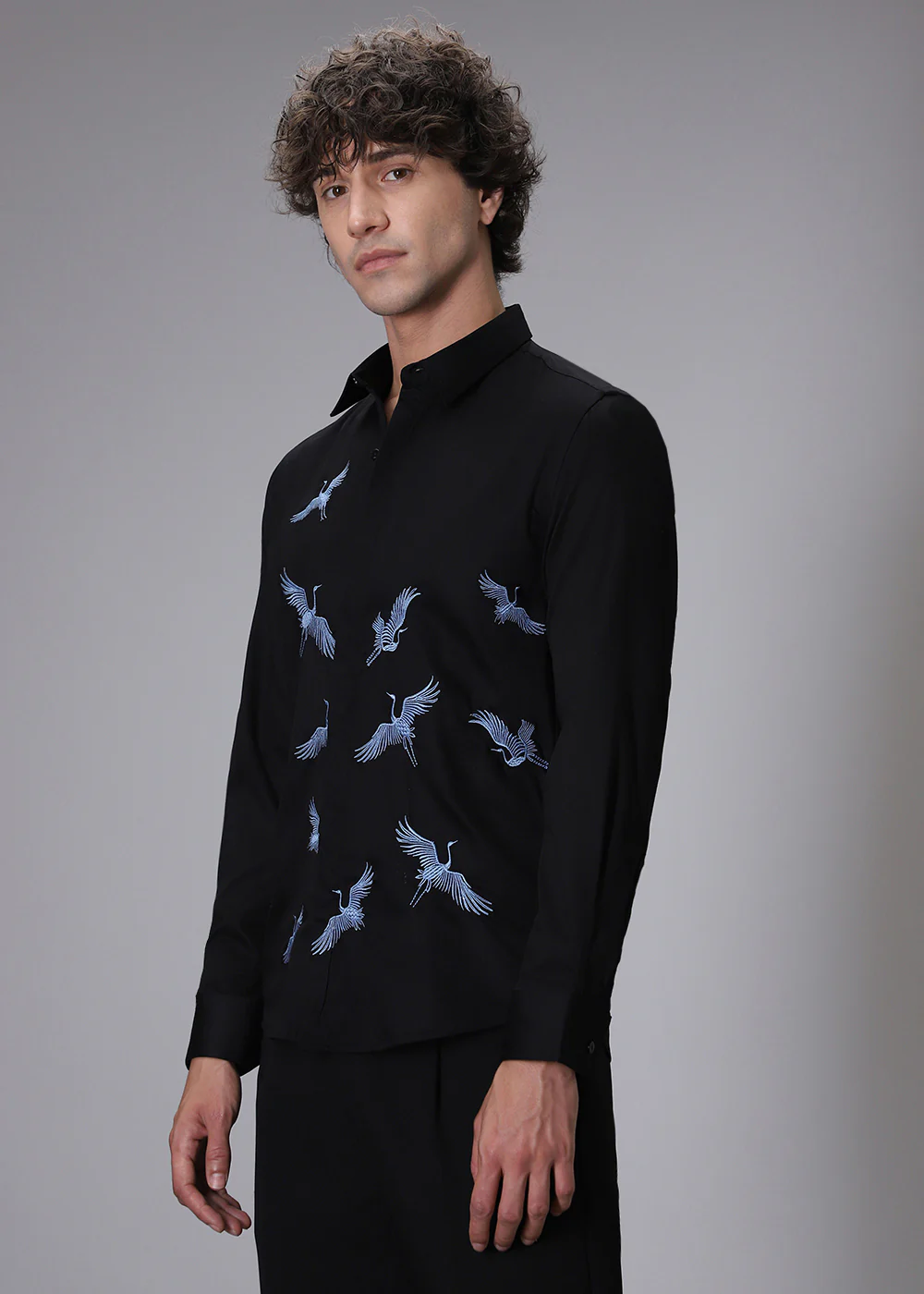 Black Crane Embroidery Designer Shirt - Image 3