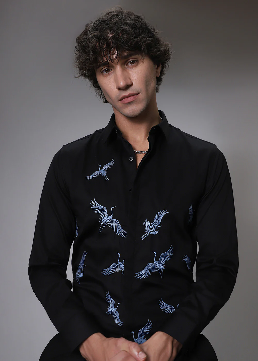 Black Crane Embroidery Designer Shirt - Image 8