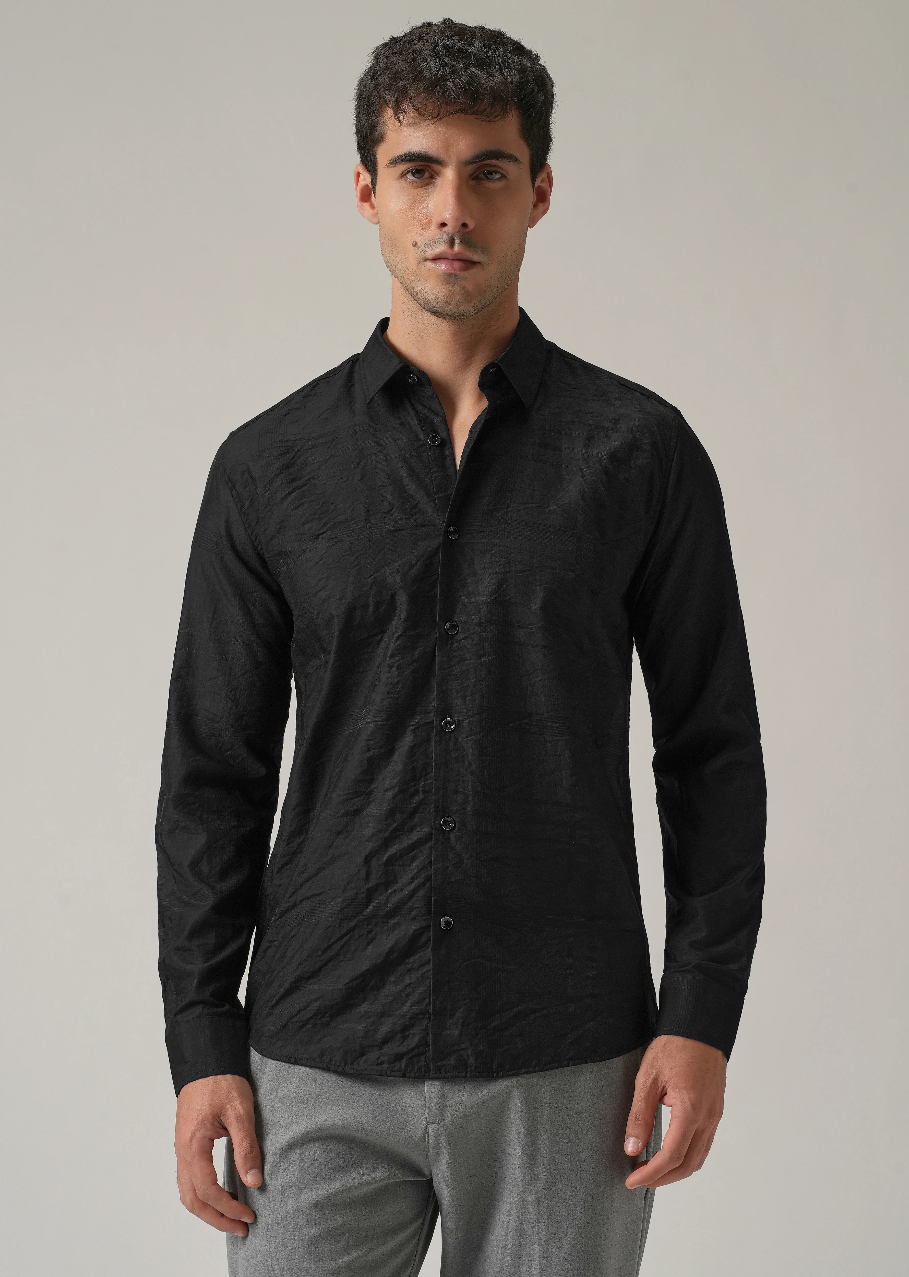 Black Crinkled Self Stripe Shirt - Image 3
