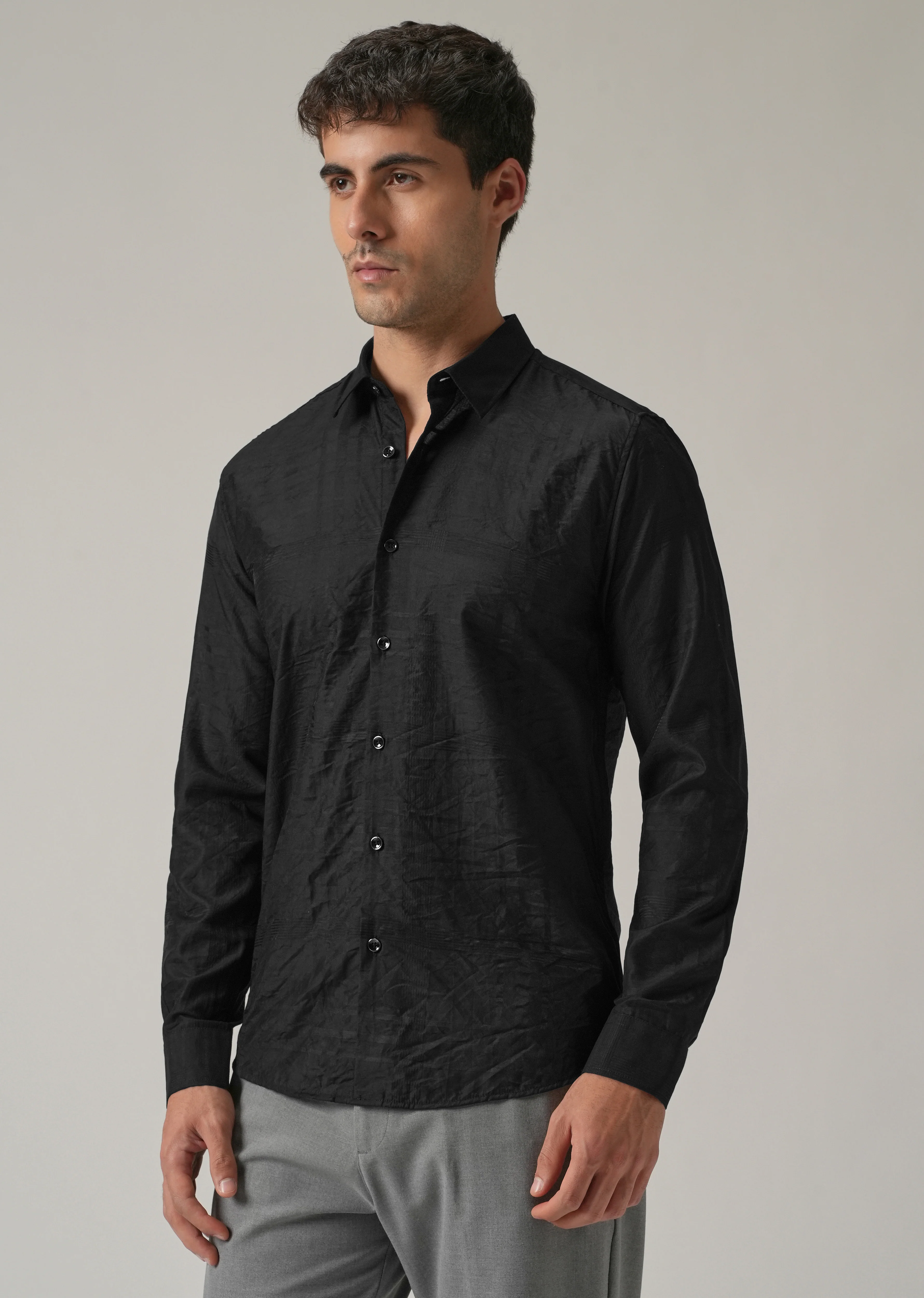 Black Crinkled Self Stripe Shirt - Image 4