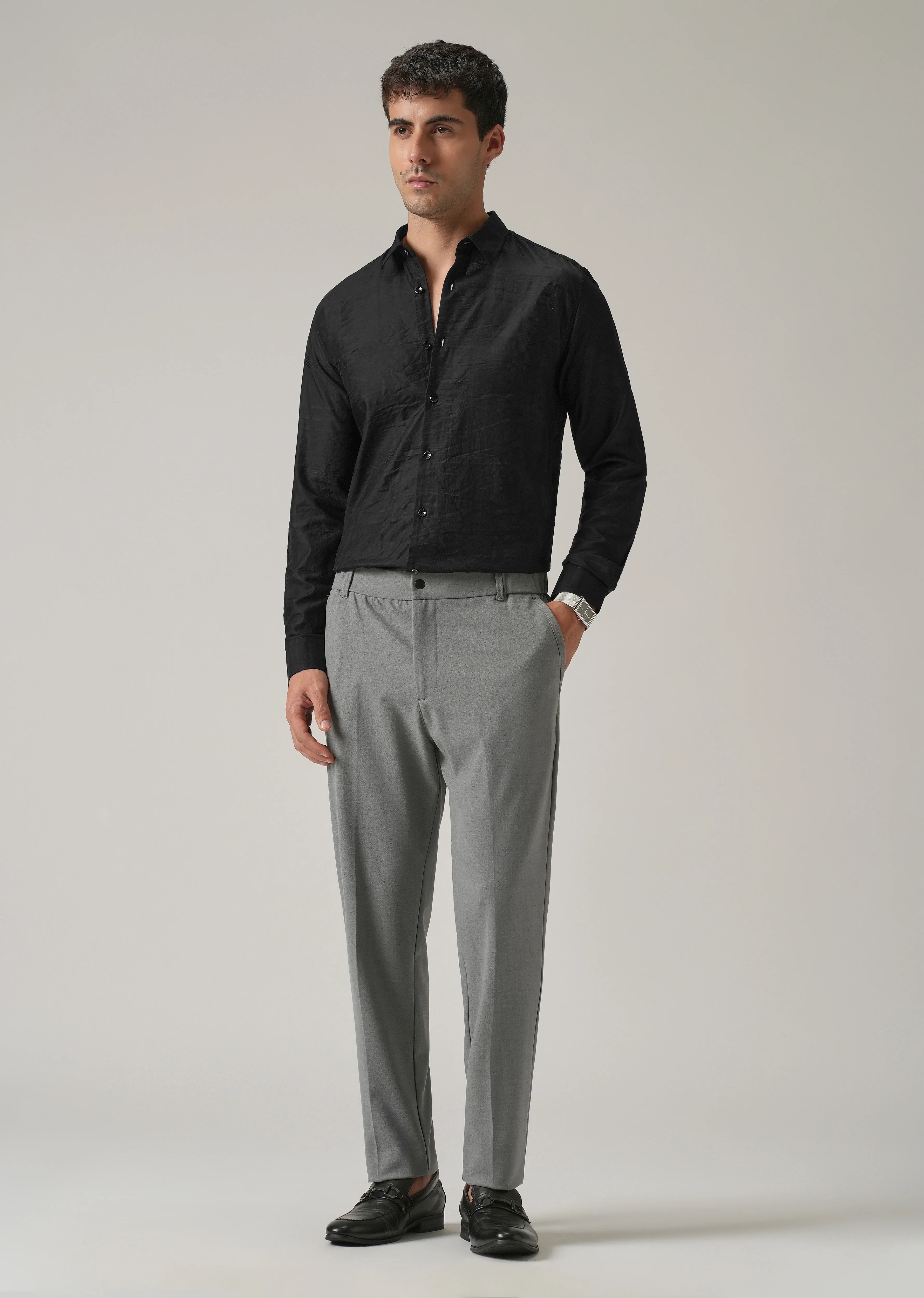 Black Crinkled Self Stripe Shirt - Image 6