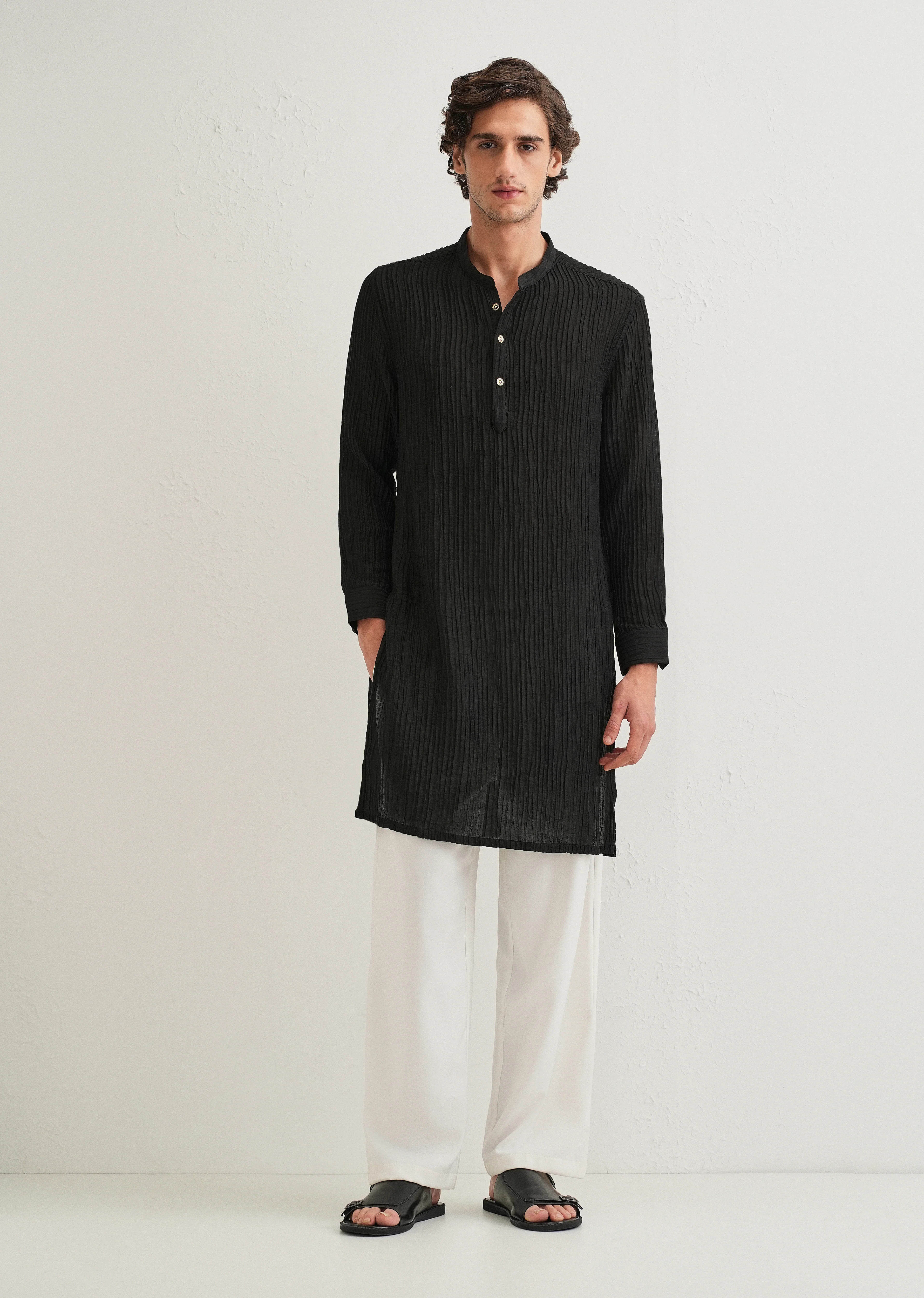 Black Crinkled Stripe Kurta - Image 10