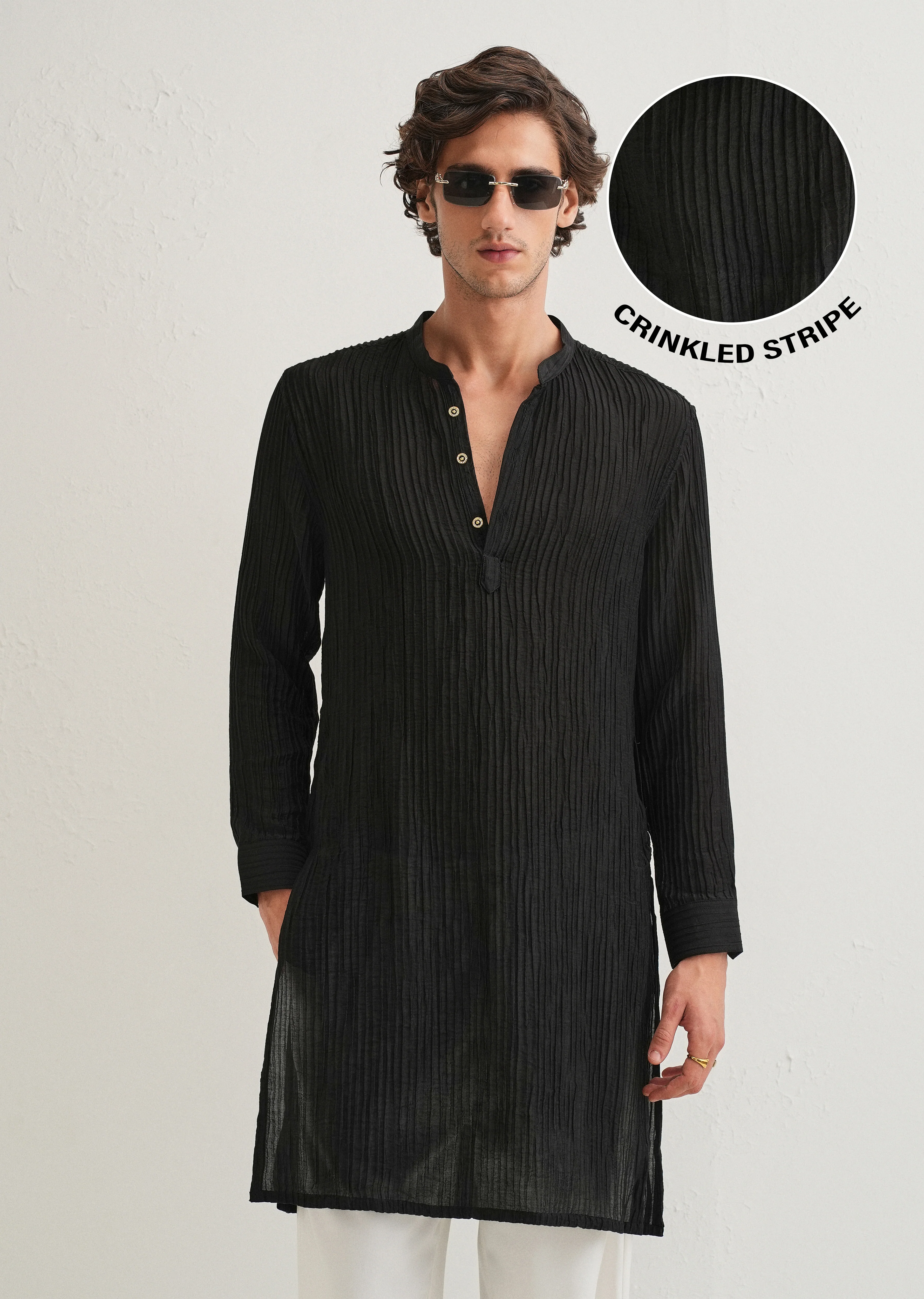 Black Crinkled Stripe Kurta - Image 11