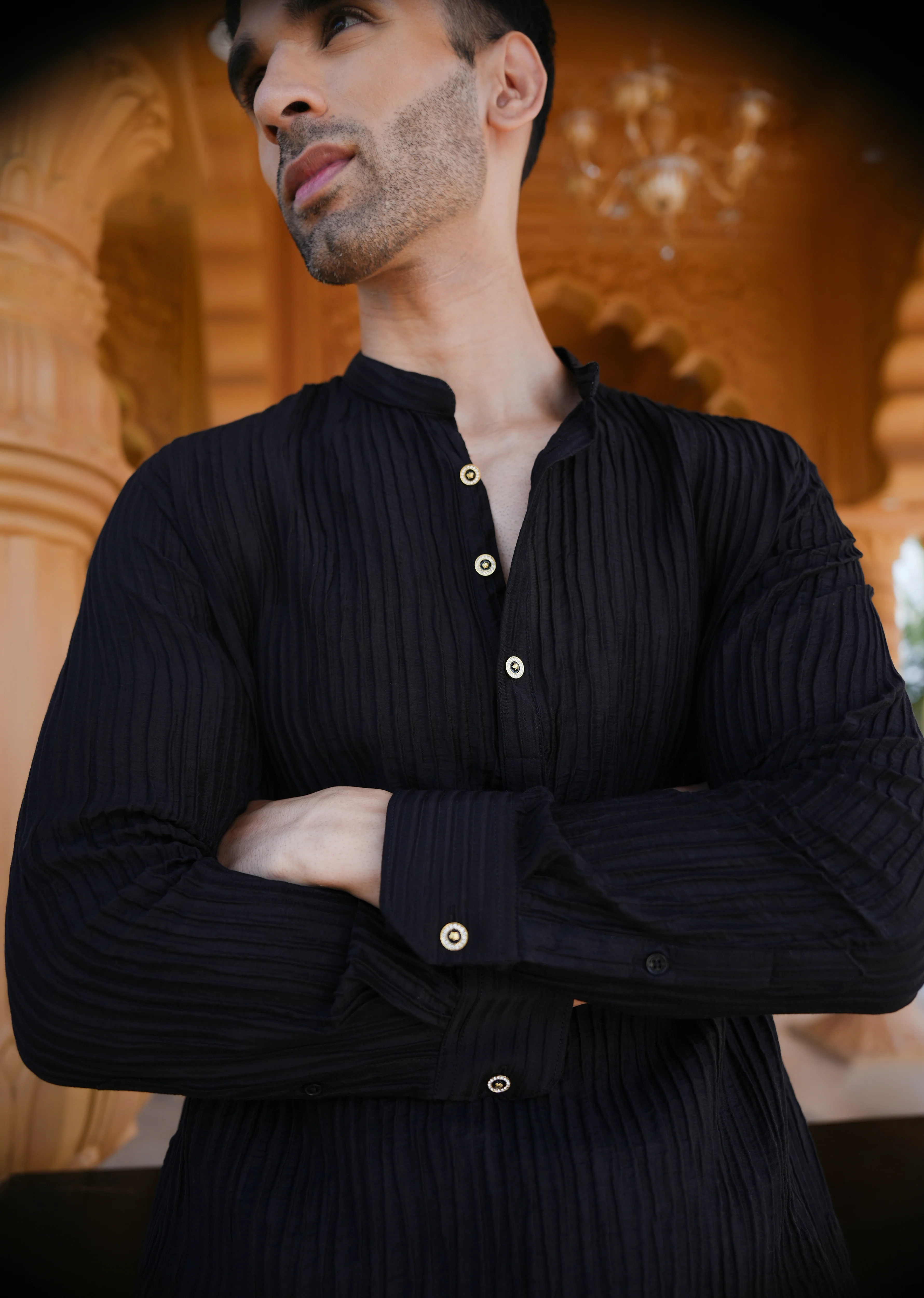 Black Crinkled Stripe Kurta - Image 3