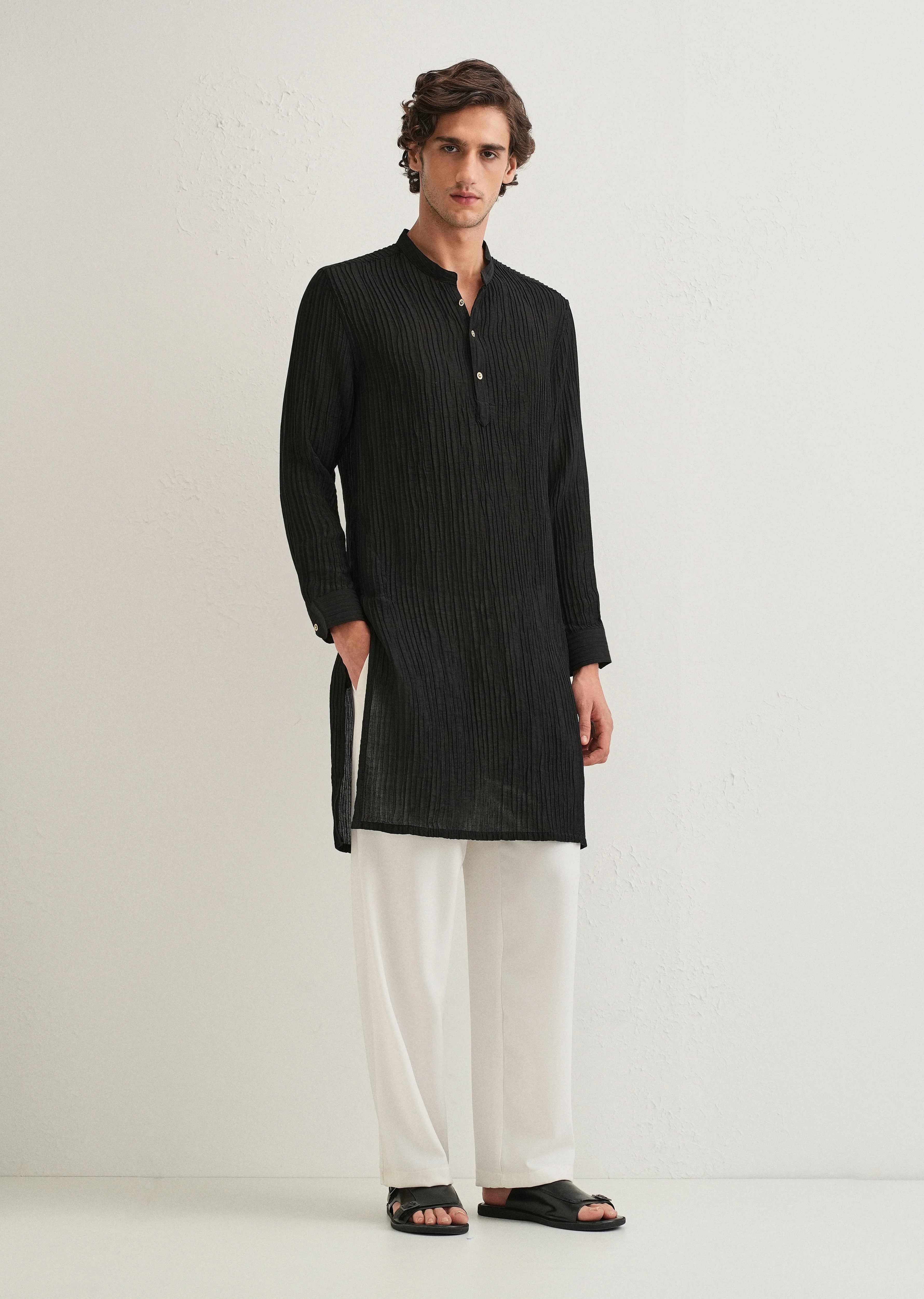 Black Crinkled Stripe Kurta - Image 7