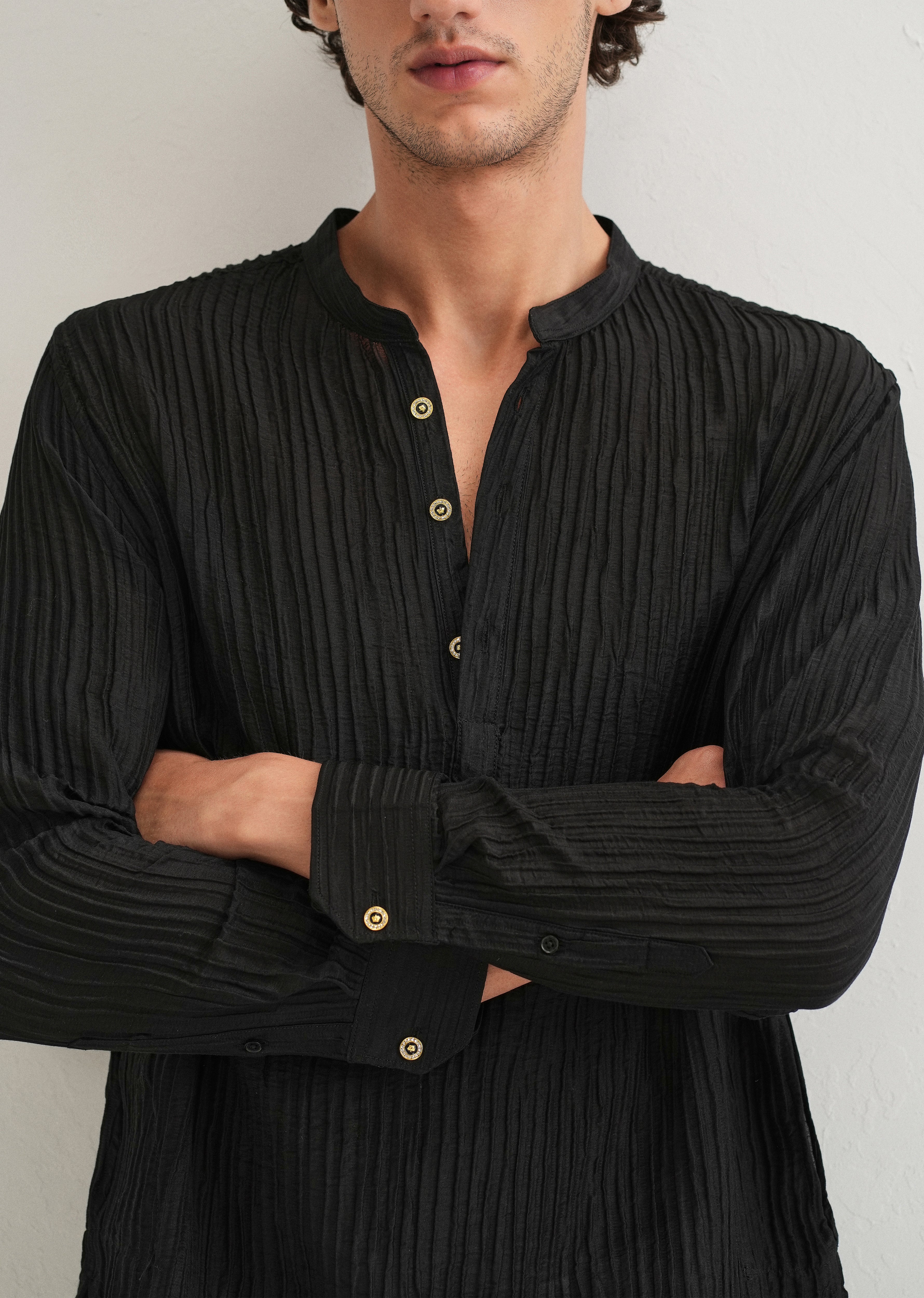 Black Crinkled Stripe Kurta - Image 8