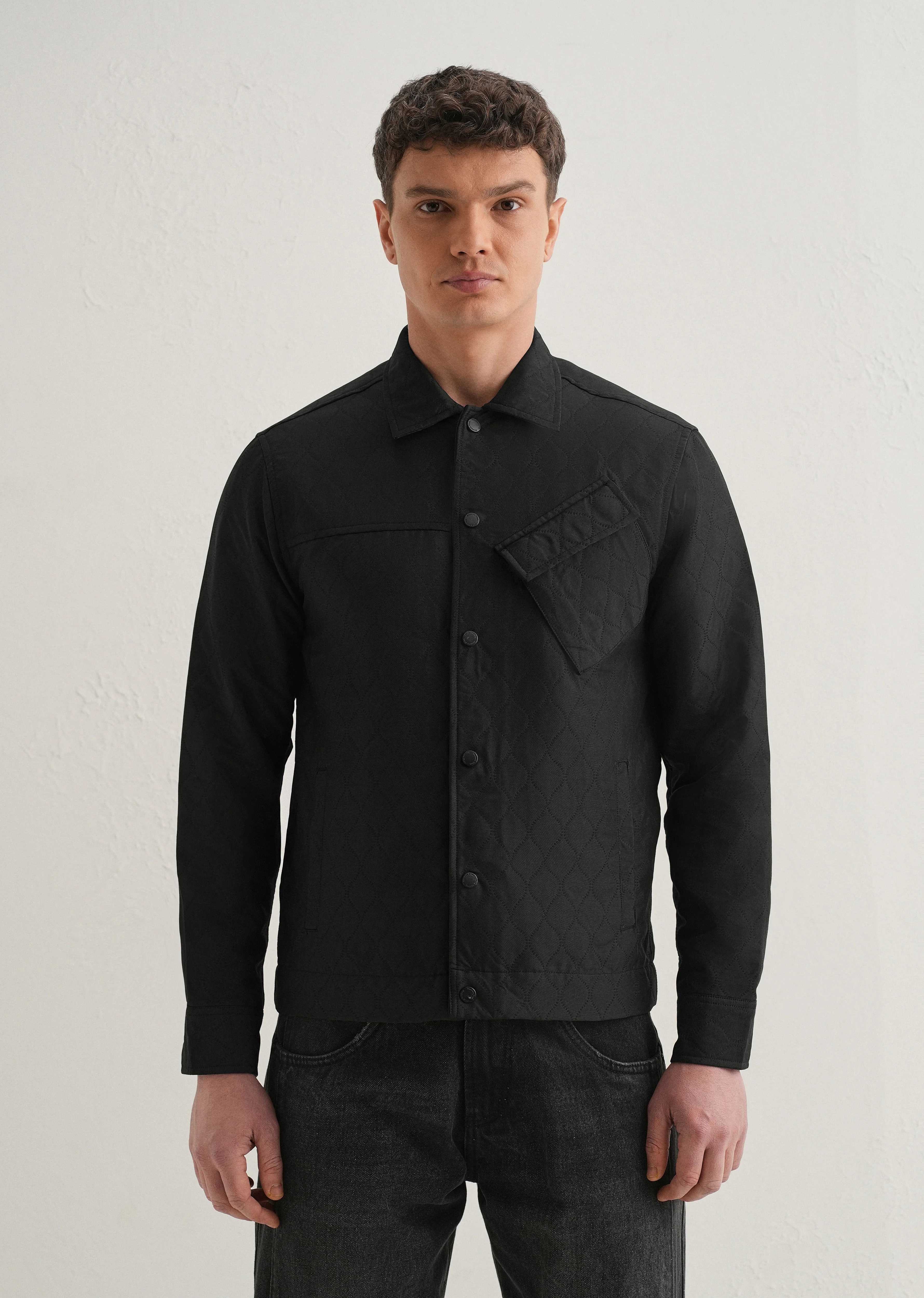 Black Cross Pocket Self Pattern Shacket - Image 3