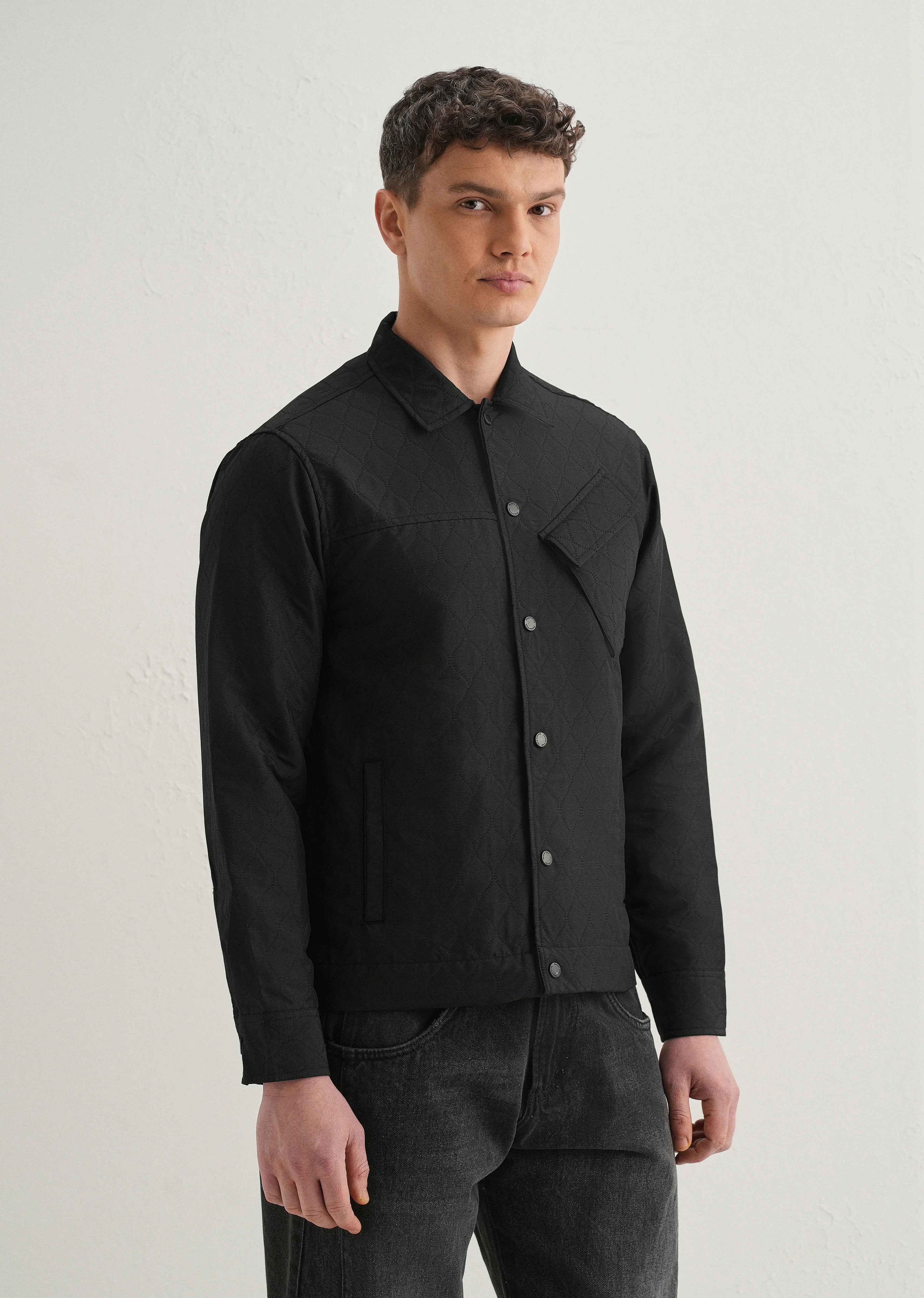 Black Cross Pocket Self Pattern Shacket - Image 4