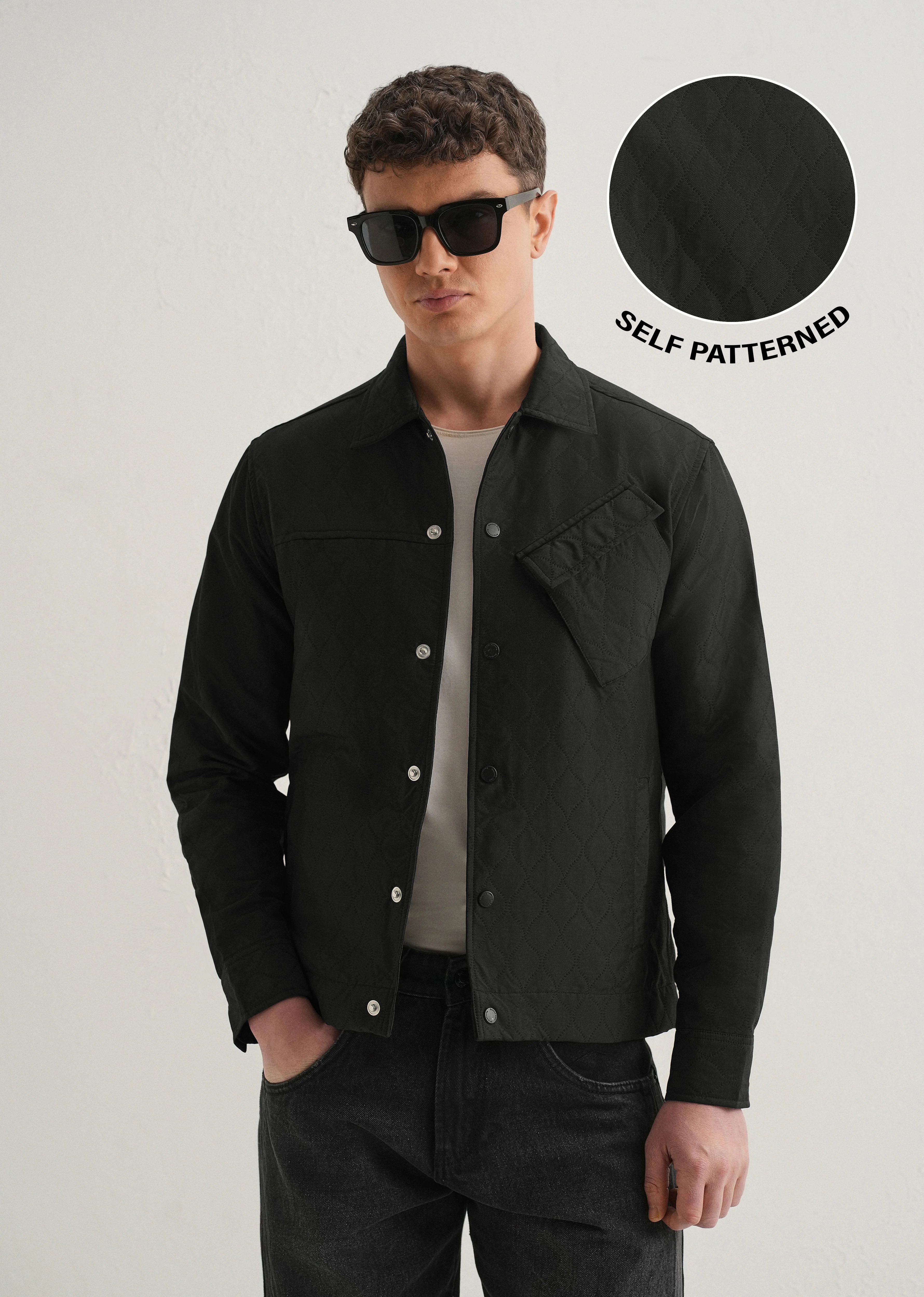 Black Cross Pocket Self Pattern Shacket - Image 8