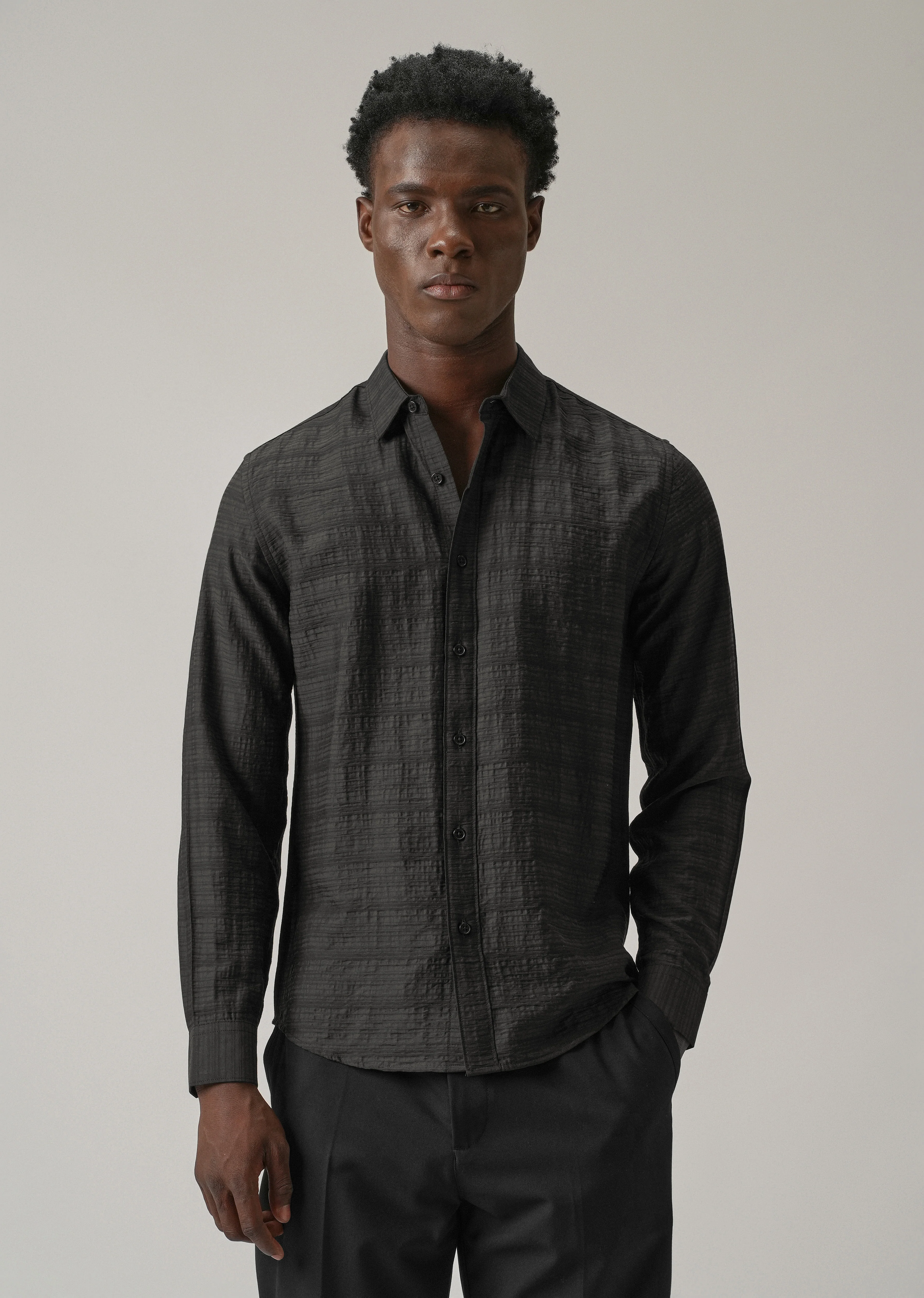 Black Crushed Self Stripe Shirt - Image 3
