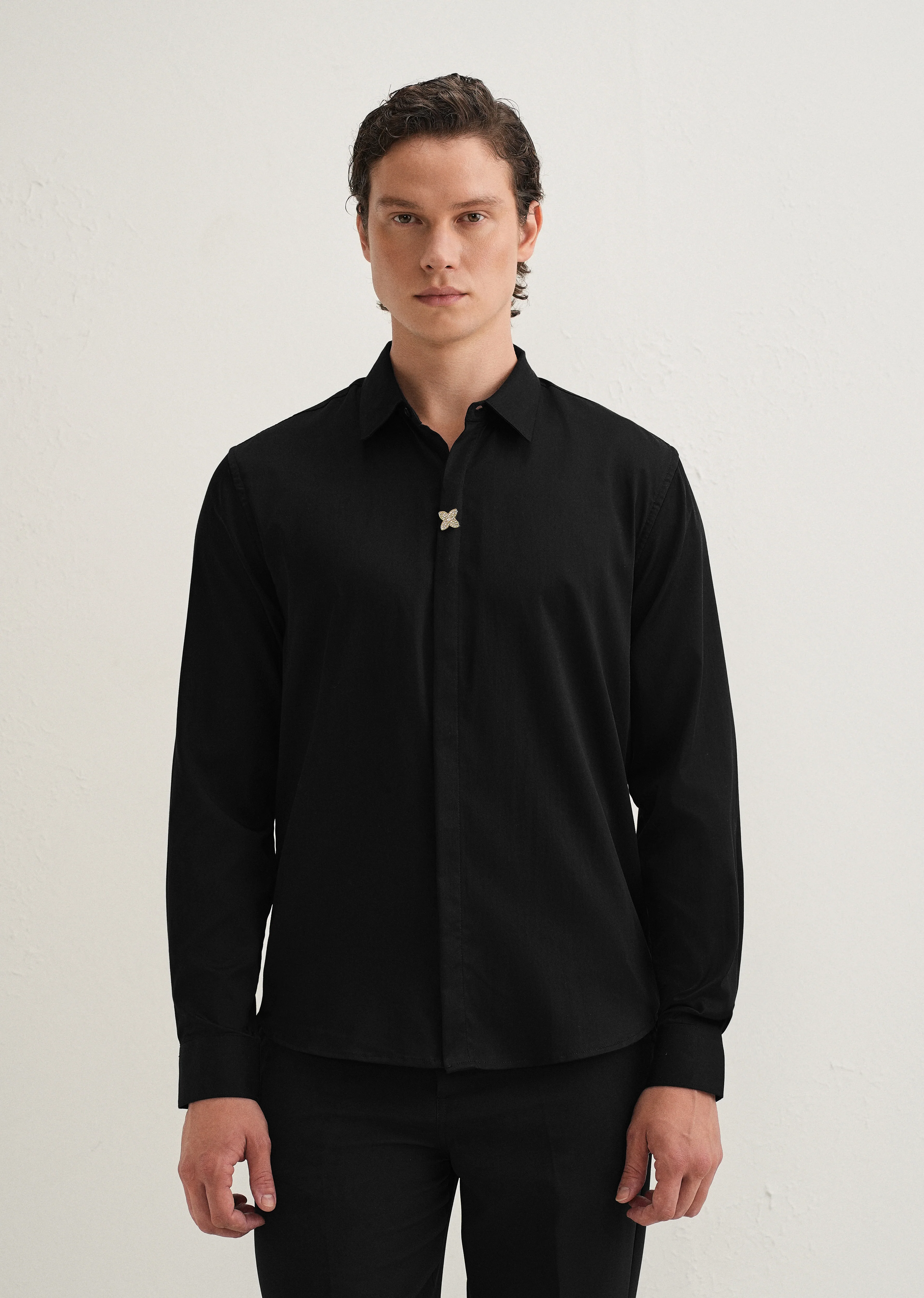 Black Crystal Flower Designer Shirt - Image 3