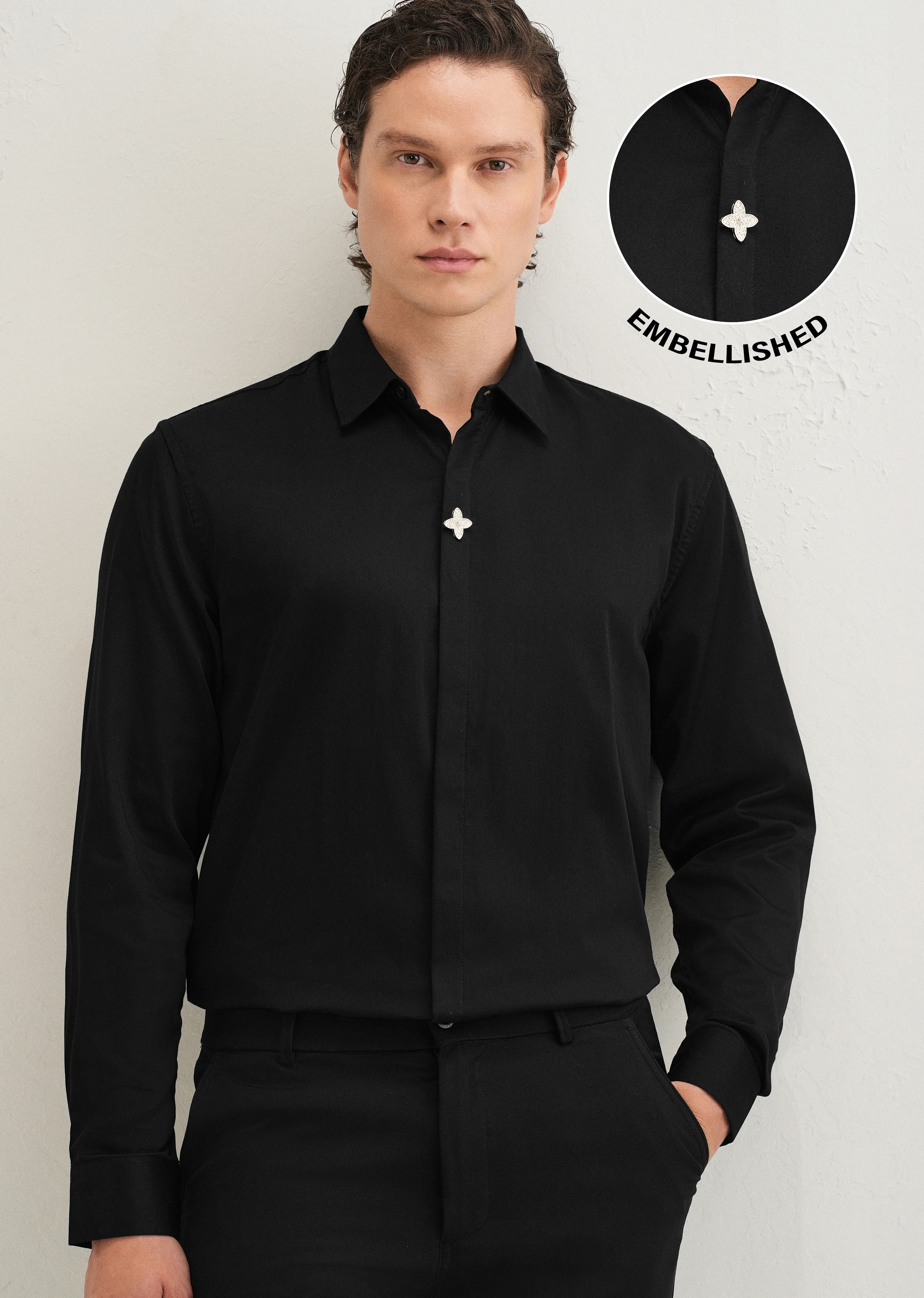 Black Crystal Flower Designer Shirt - Image 7