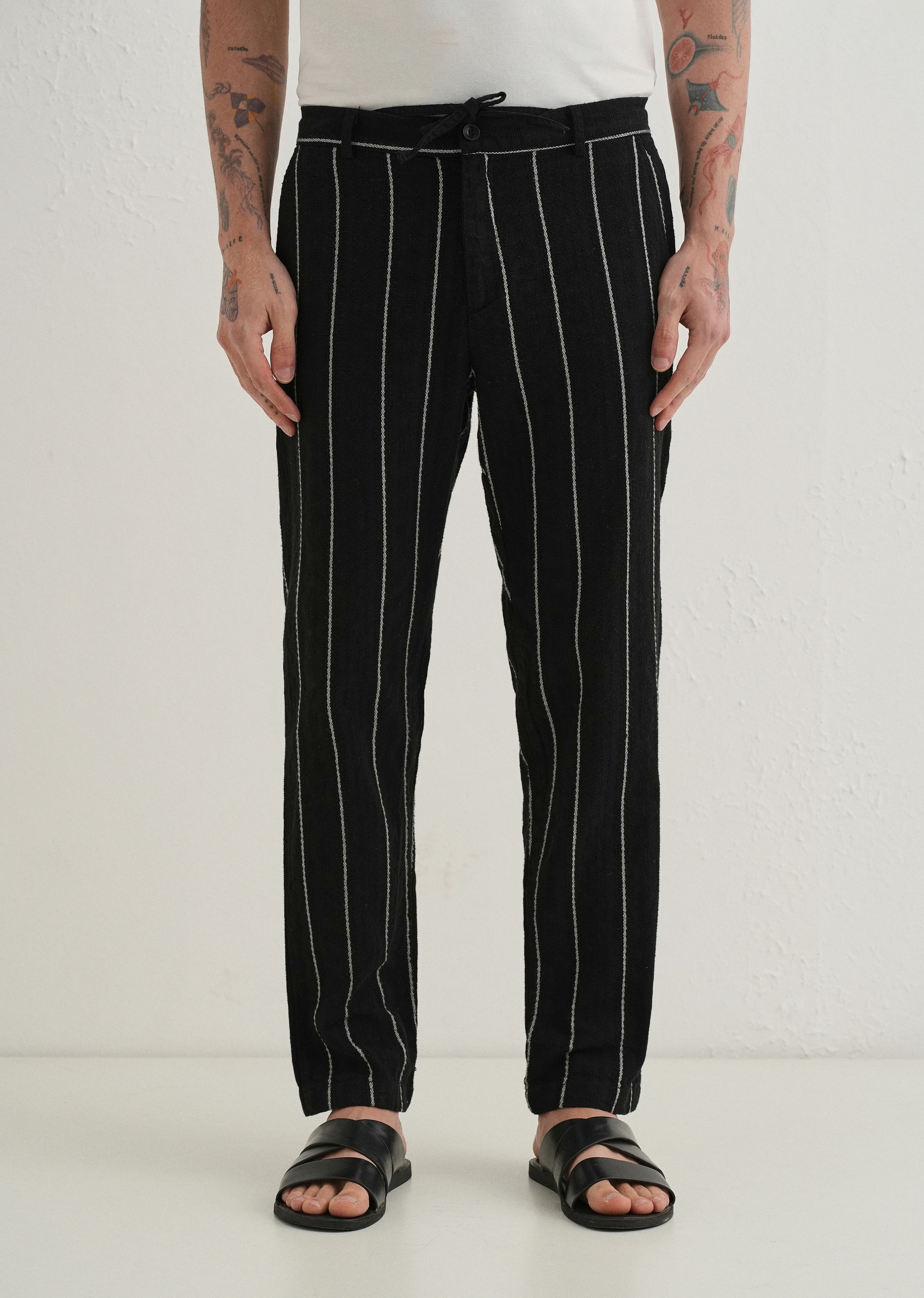 Black Dobby Cotton Stripe Pants - Image 3