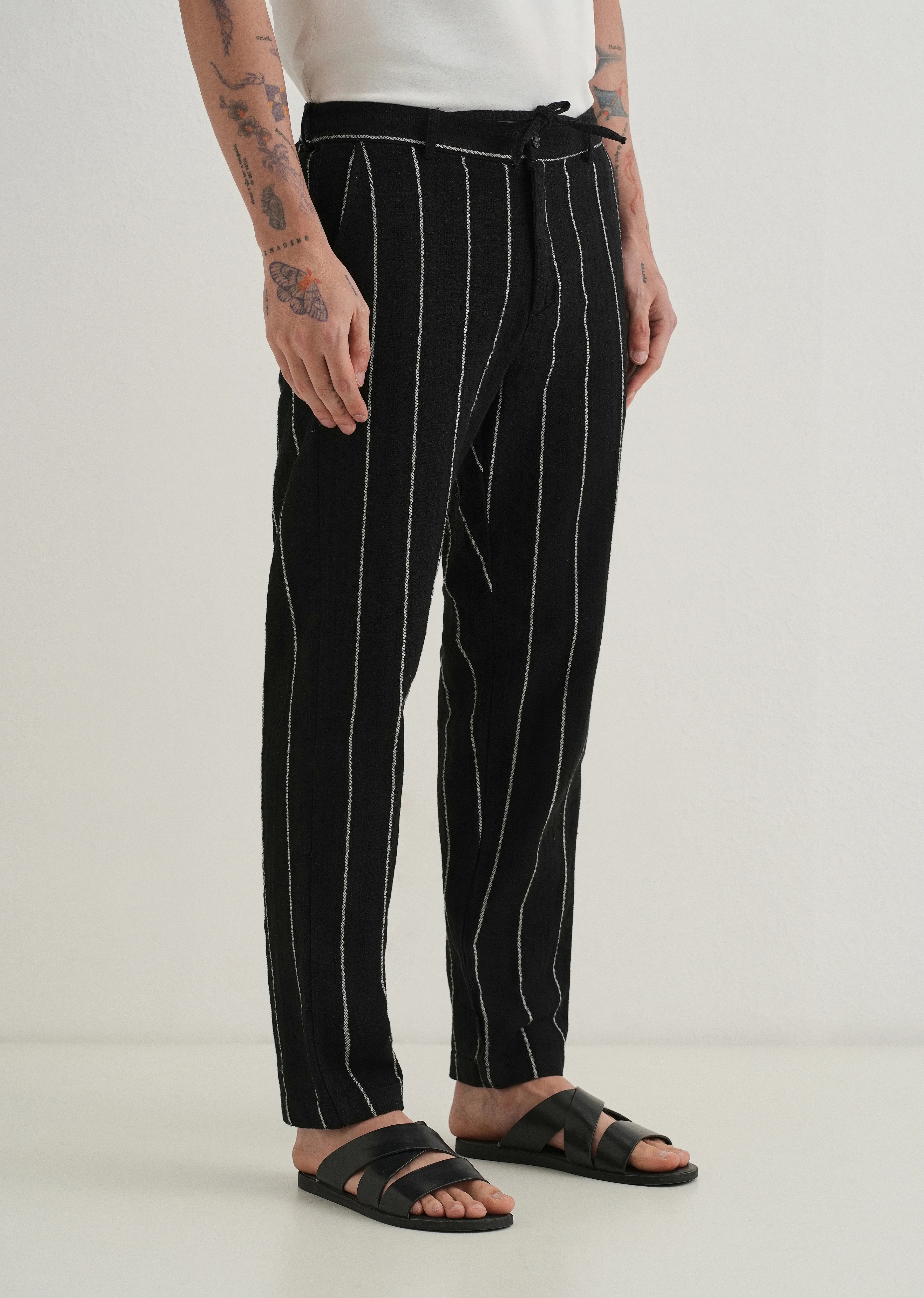 Black Dobby Cotton Stripe Pants - Image 4