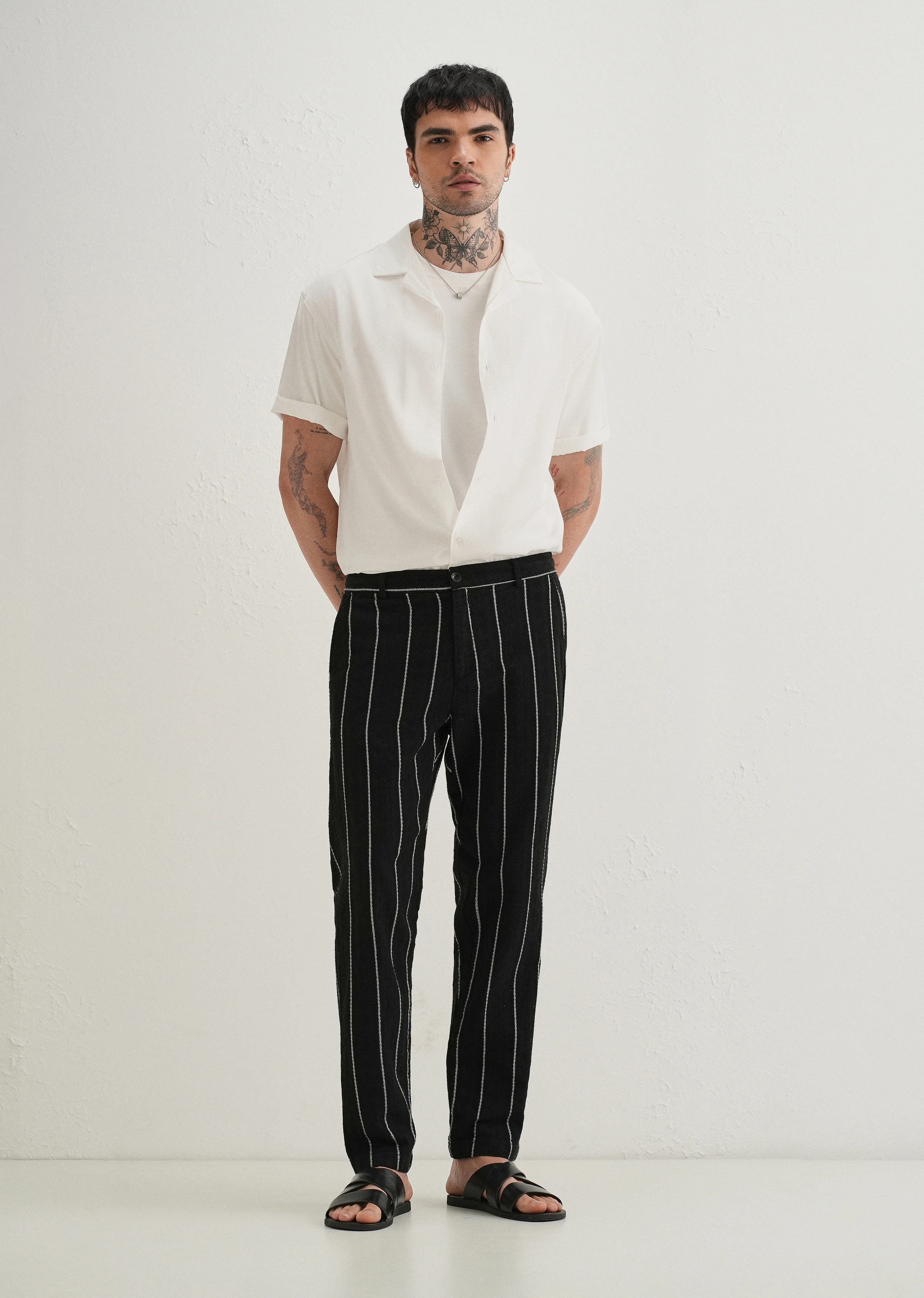 Black Dobby Cotton Stripe Pants - Image 6