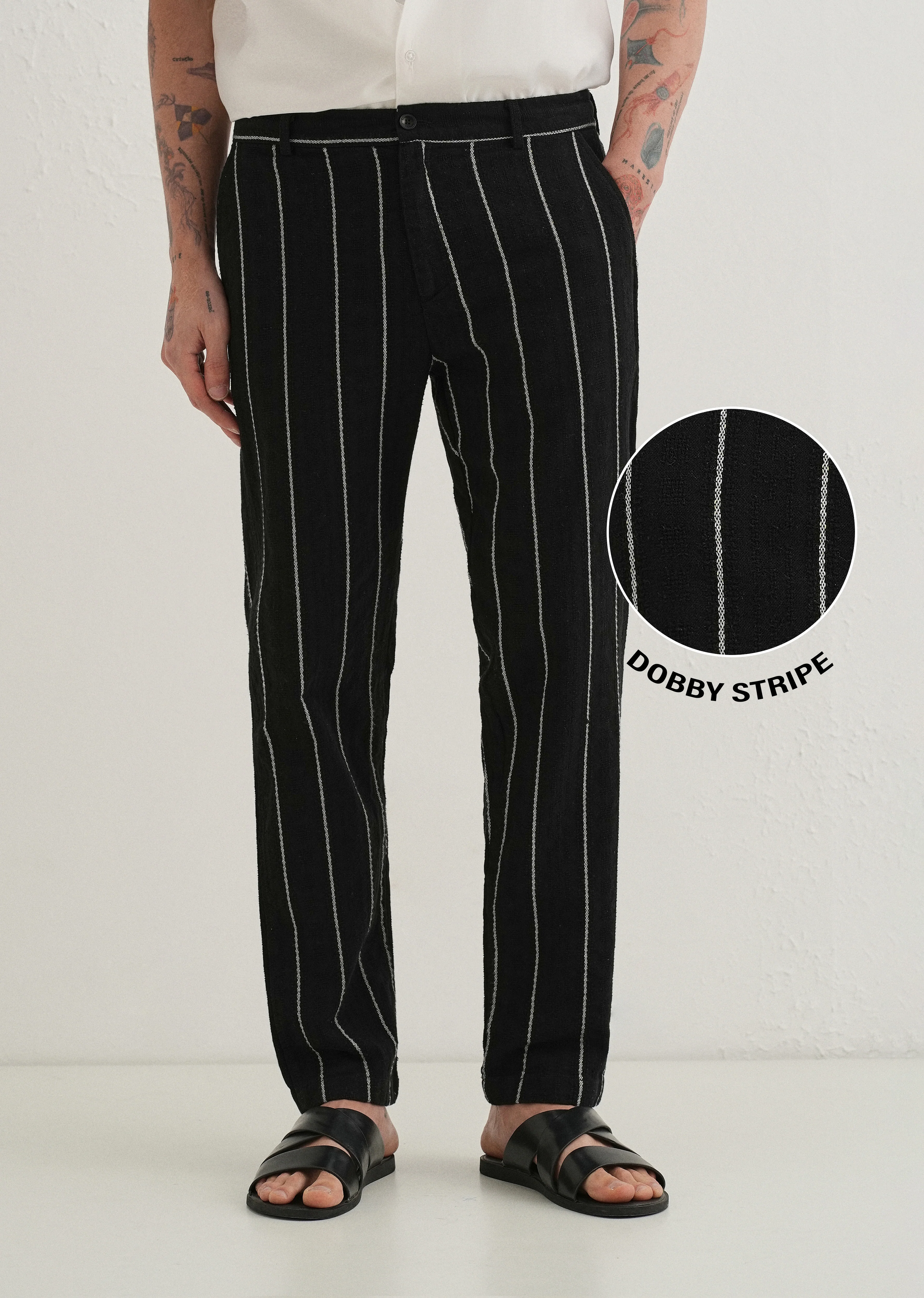 Black Dobby Cotton Stripe Pants - Image 7