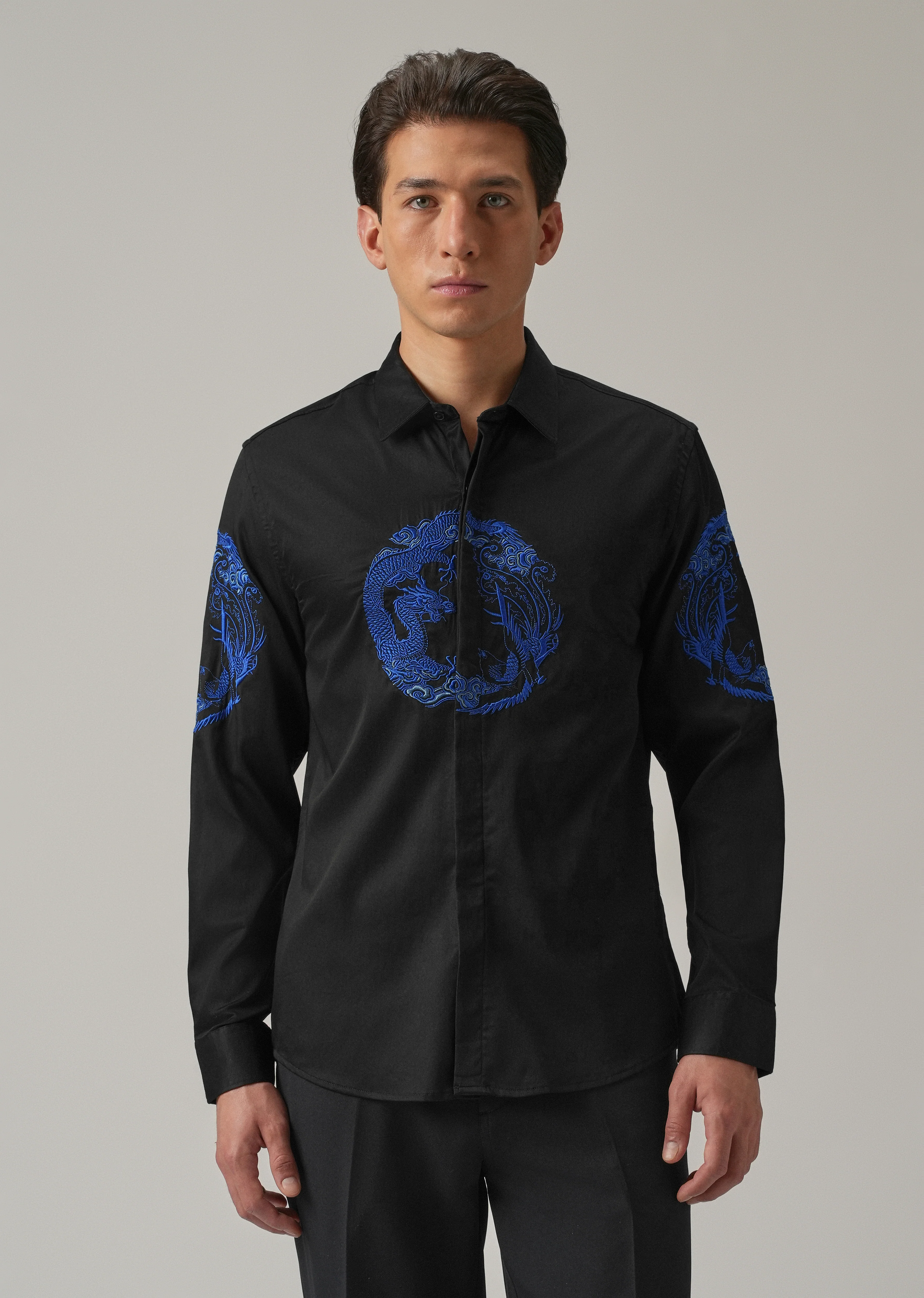 Black Dragon and Phoenix Embroidery Designer Shirt - Image 3