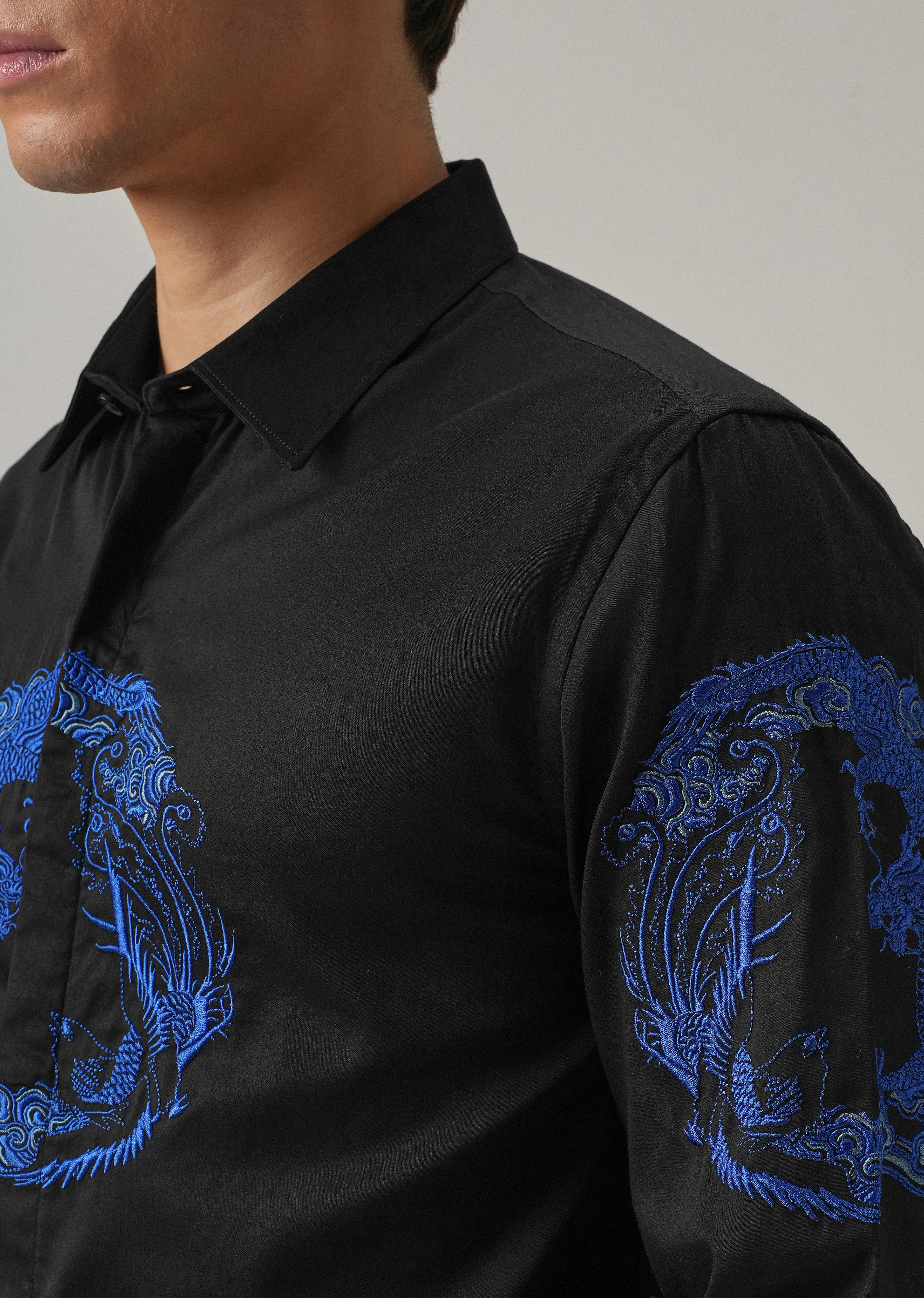 Black Dragon and Phoenix Embroidery Designer Shirt - Image 5