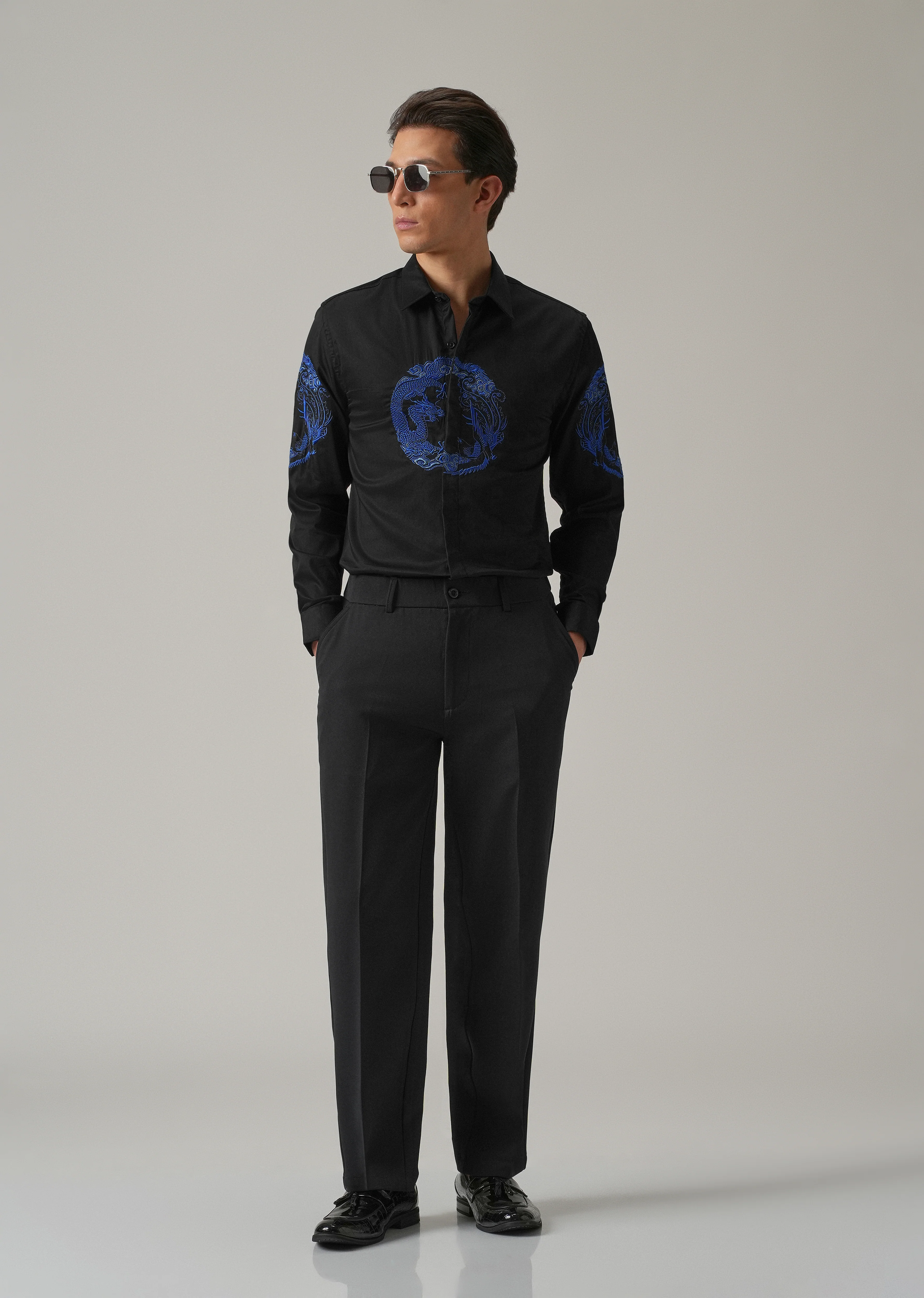 Black Dragon and Phoenix Embroidery Designer Shirt - Image 6
