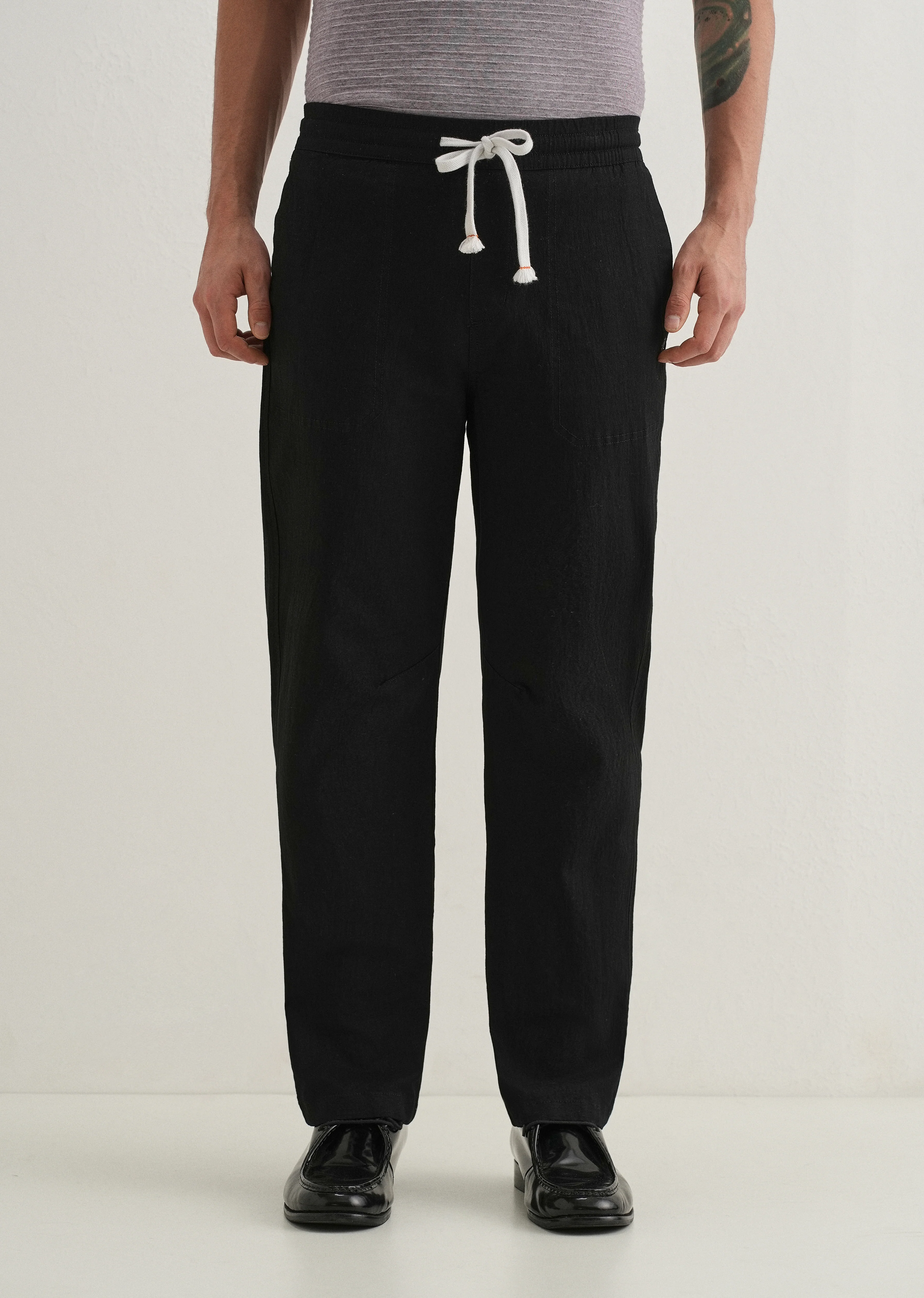 Black Drawstring Cotton Linen Pant - Image 3