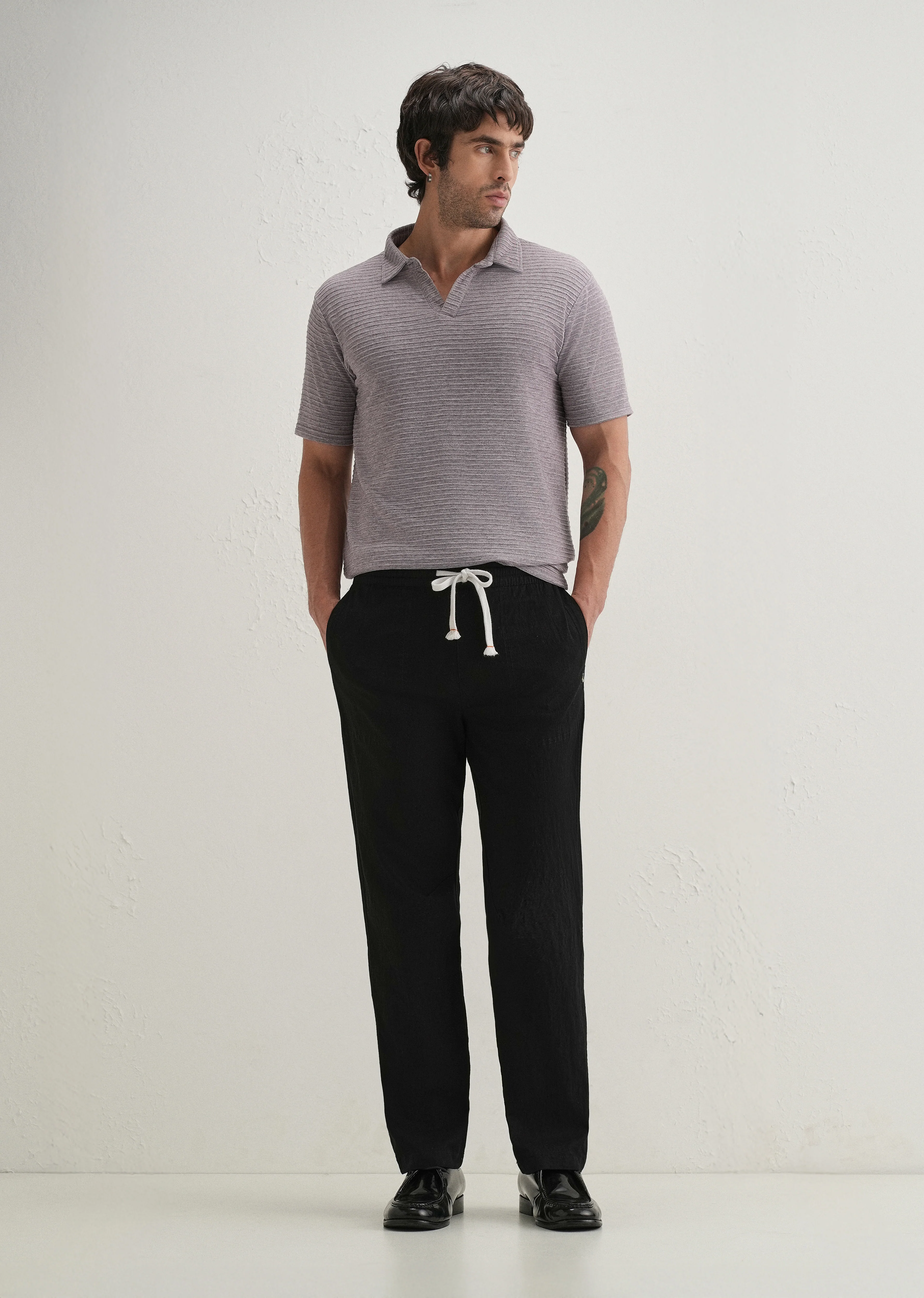 Black Drawstring Cotton Linen Pant - Image 6