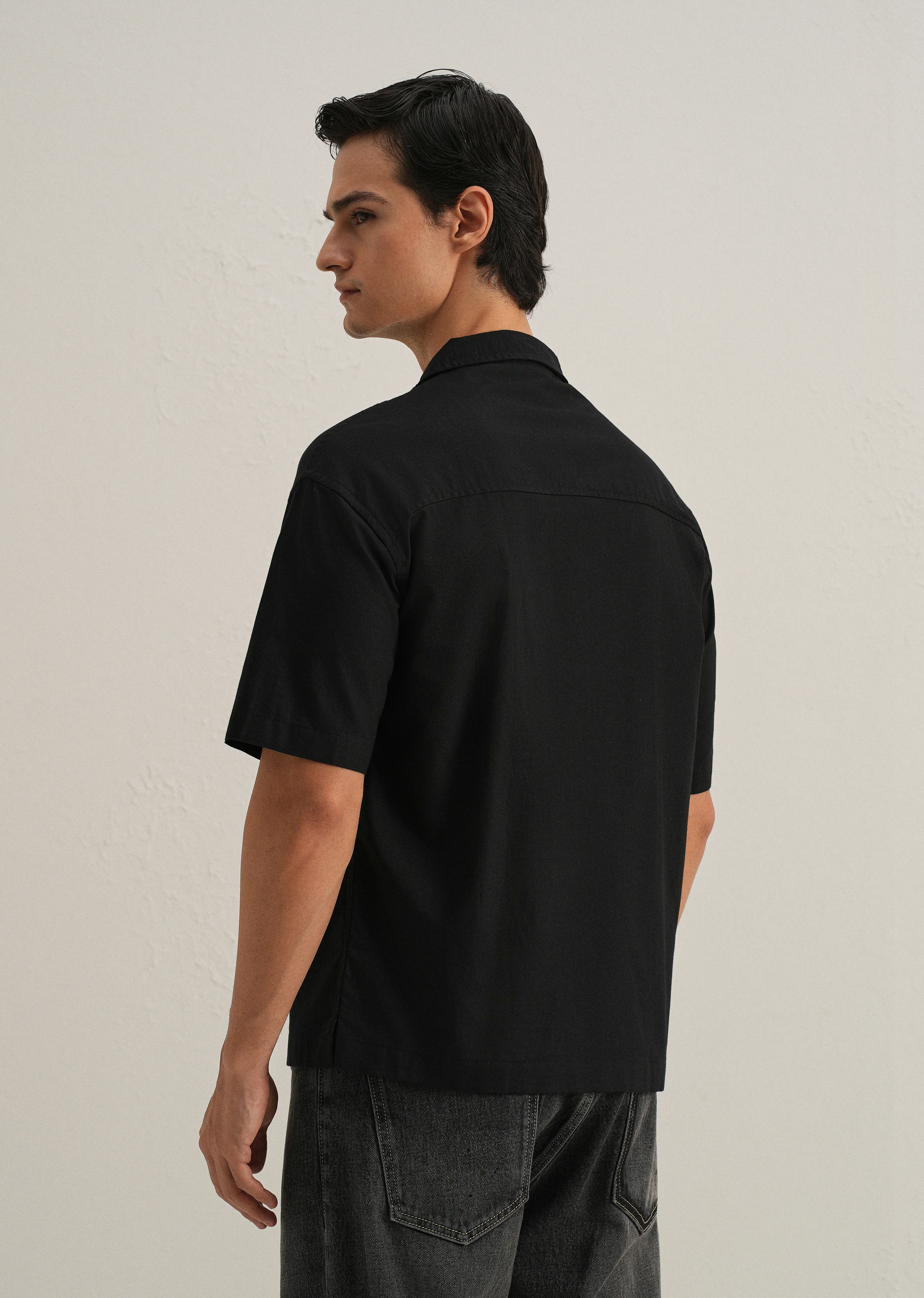 Black Embroidery Cuban Collar Cotton Shirt - Image 3