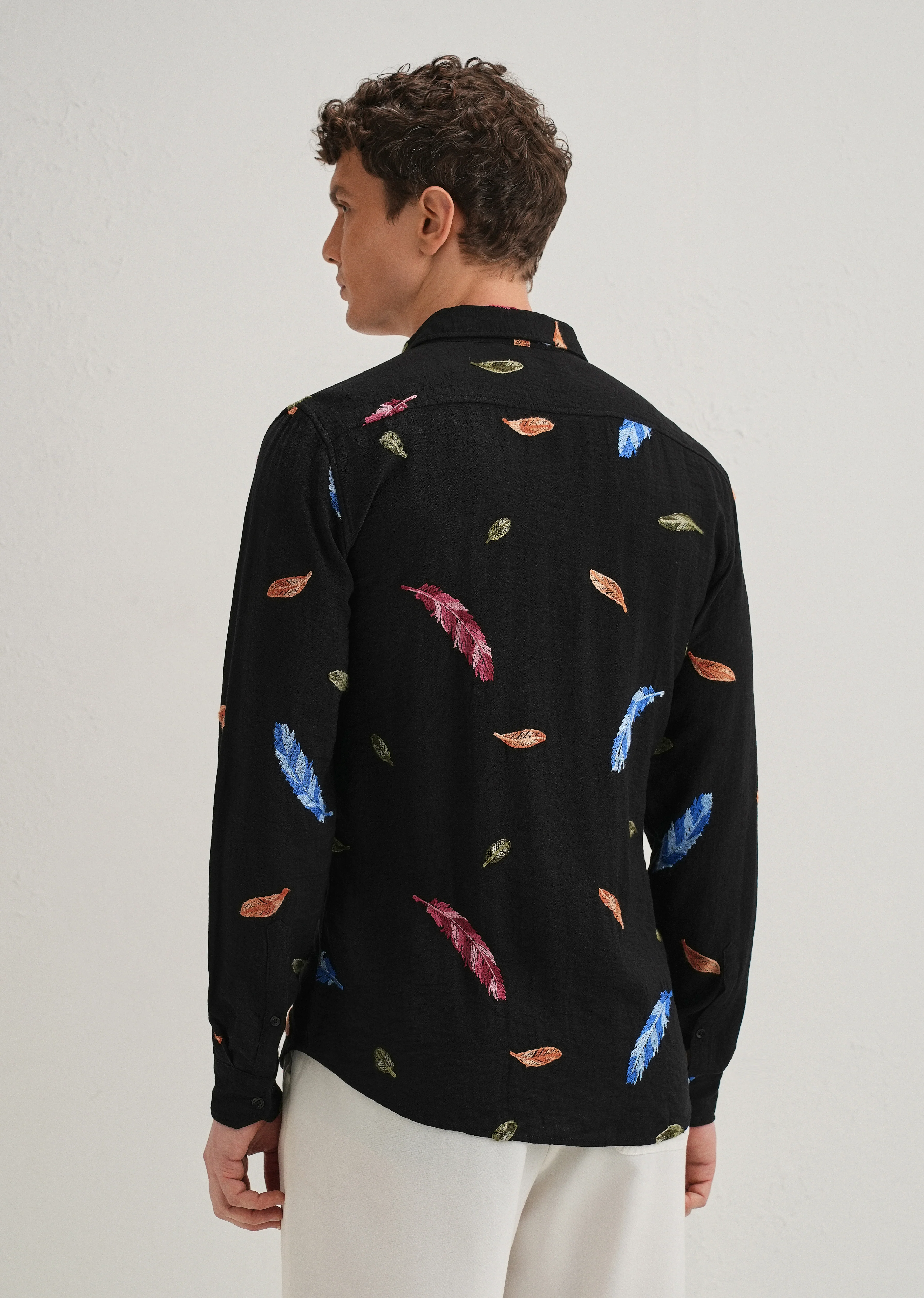 Black Feather Leaf Embroidery Shirt - Image 3