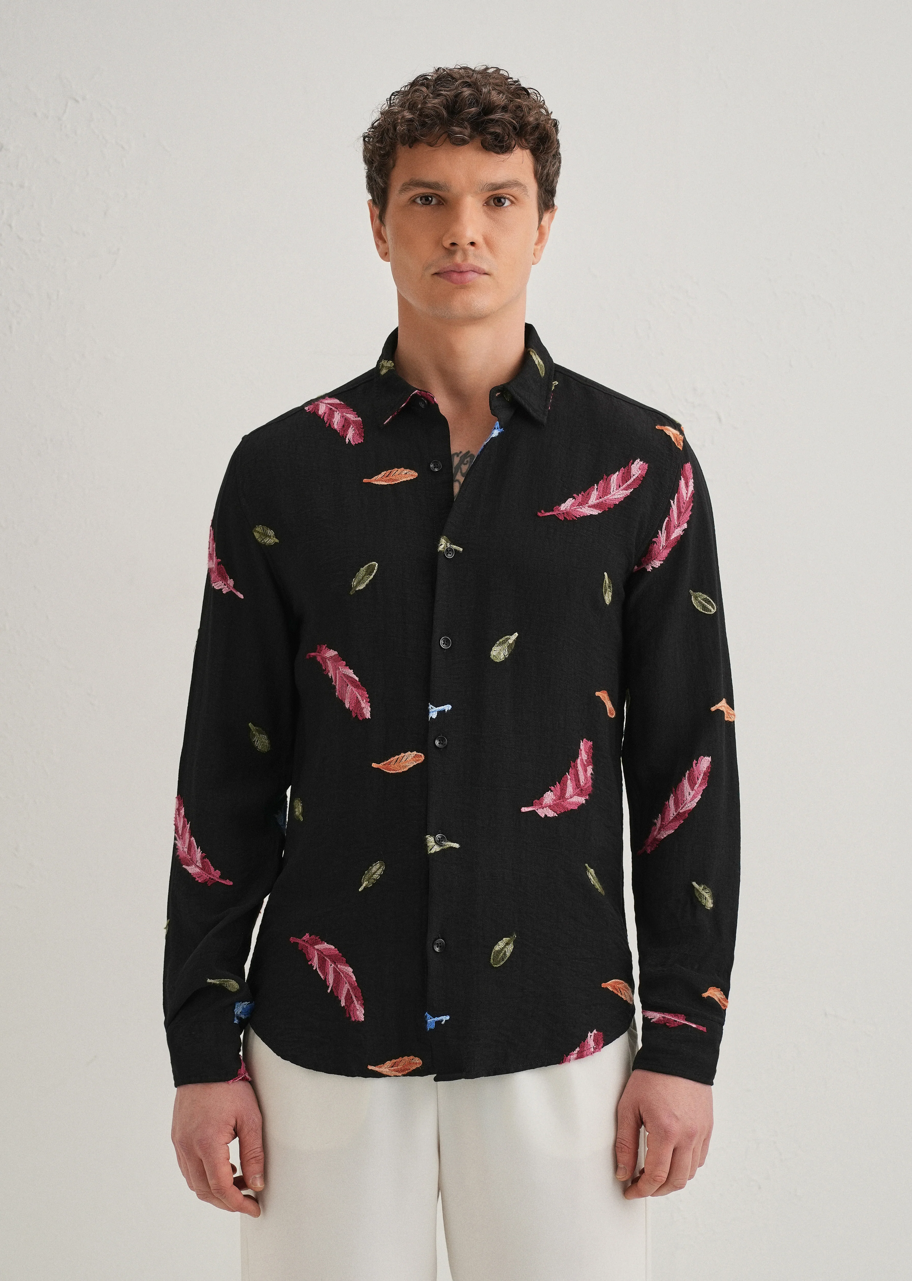 Black Feather Leaf Embroidery Shirt - Image 4