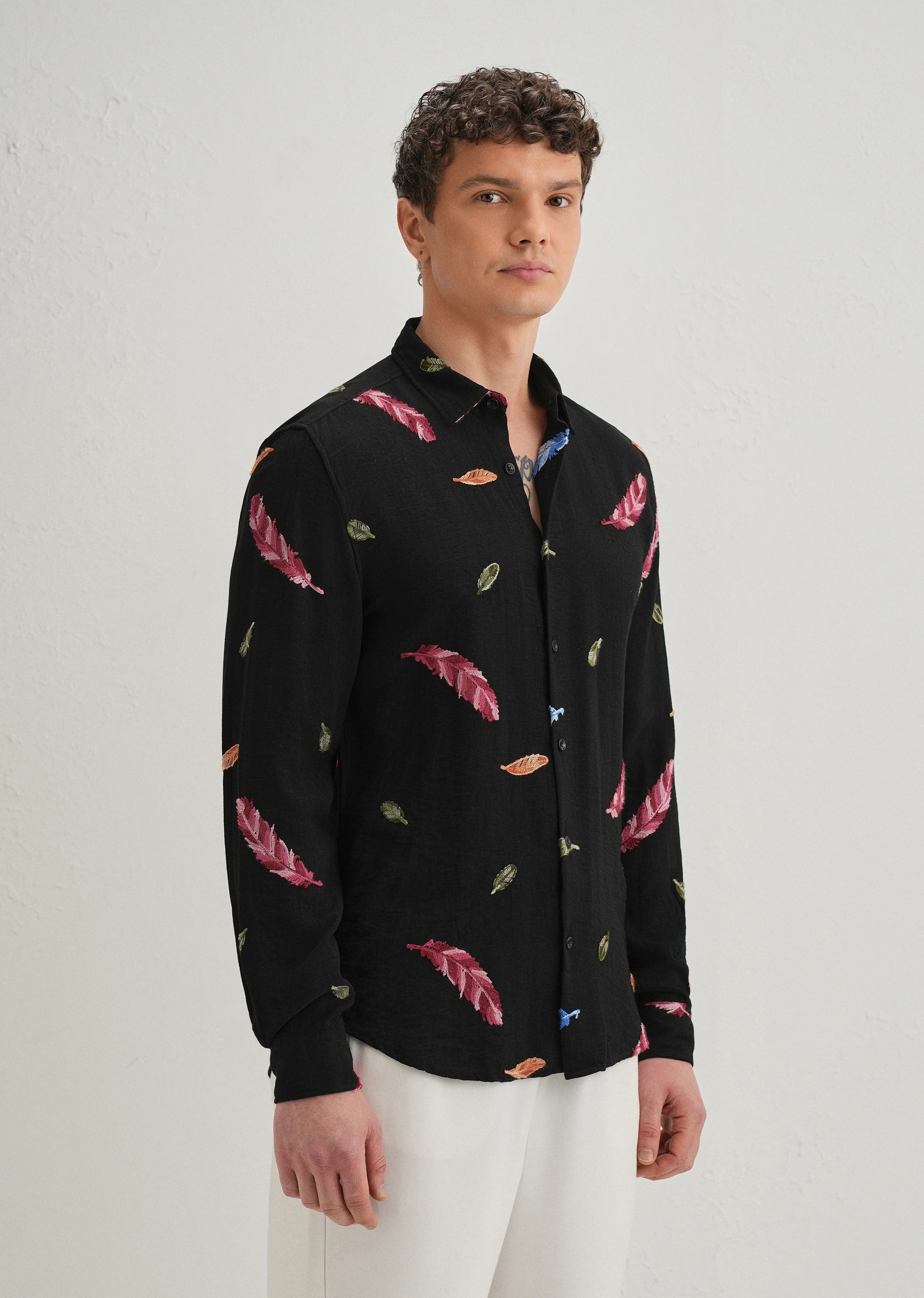 Black Feather Leaf Embroidery Shirt - Image 5