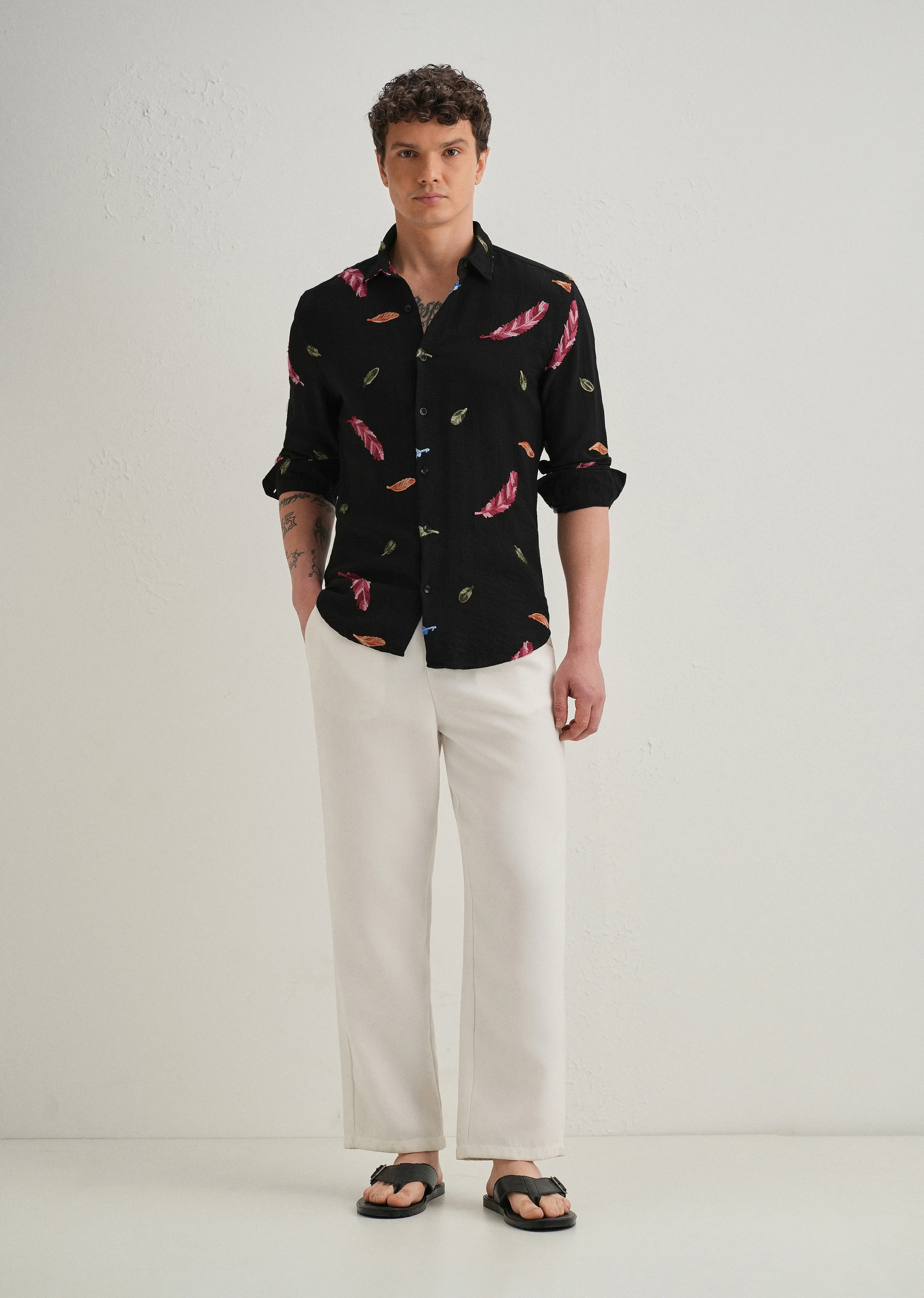 Black Feather Leaf Embroidery Shirt - Image 6