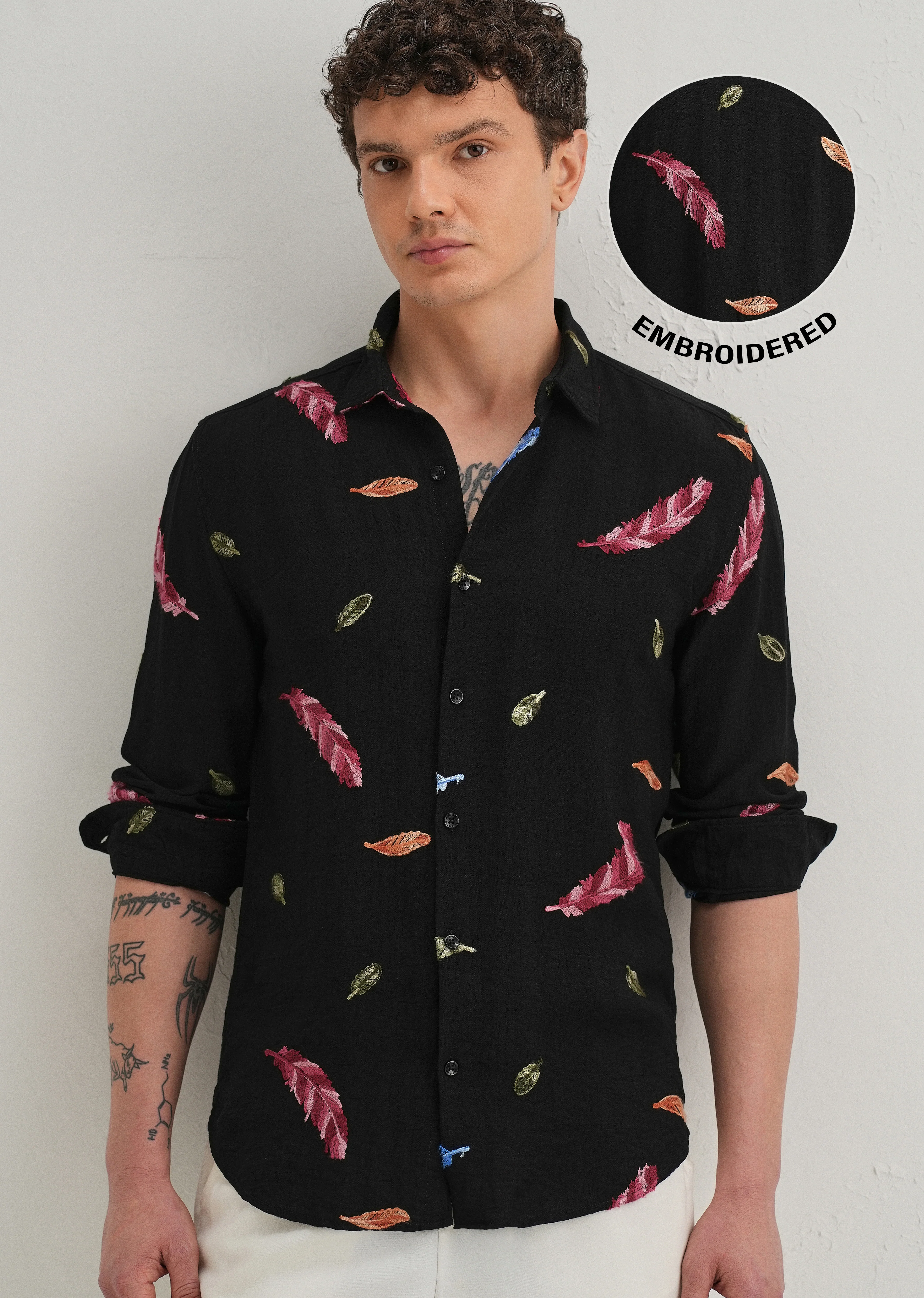 Black Feather Leaf Embroidery Shirt - Image 7