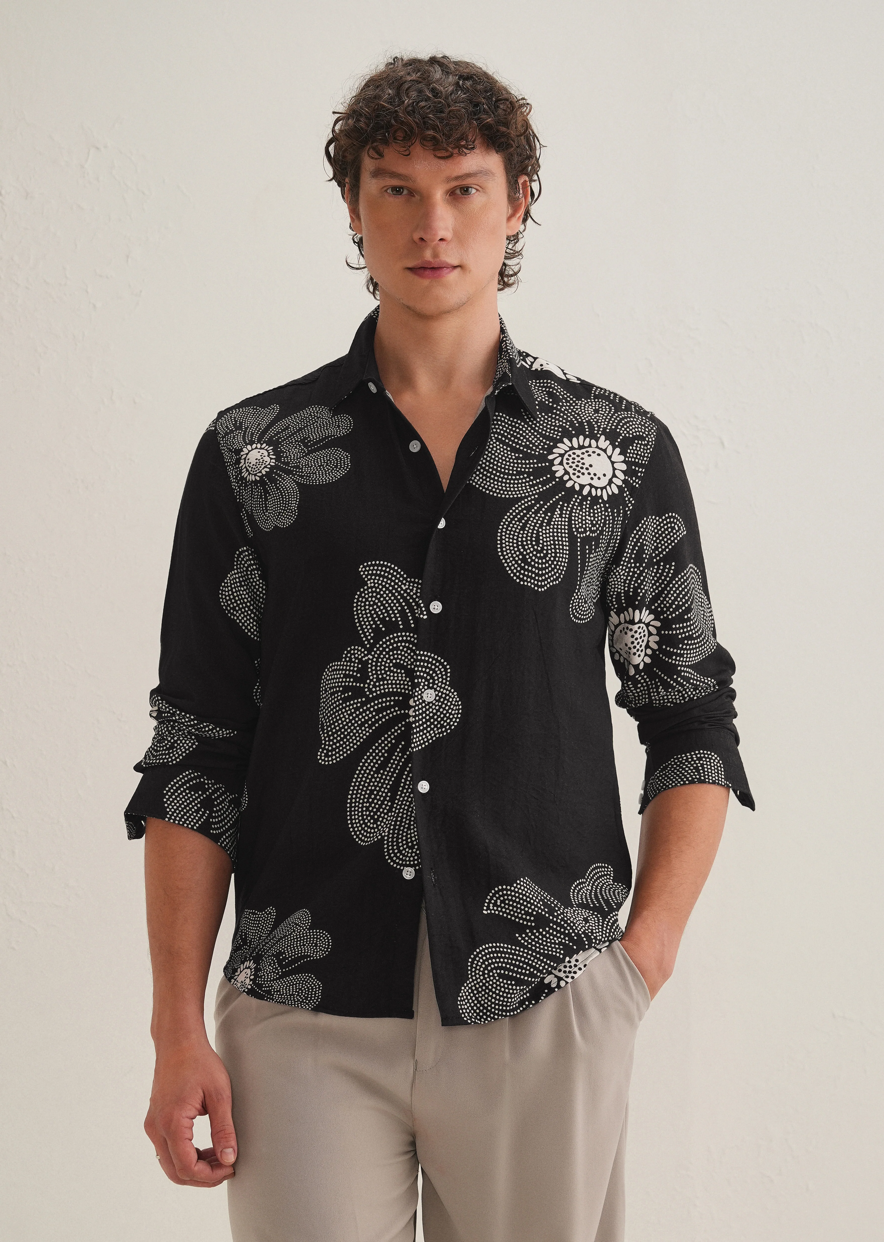Black Floral Dot Printed Shirt - Image 2