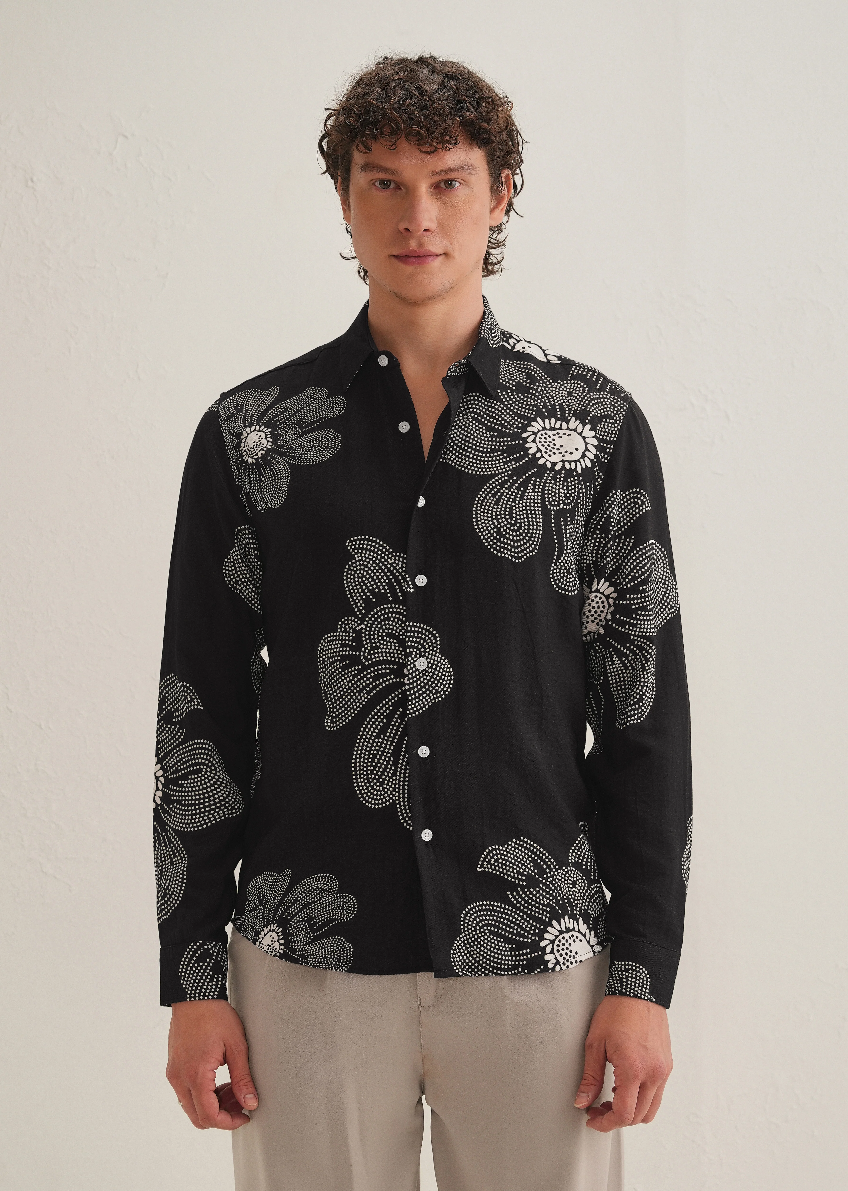 Black Floral Dot Printed Shirt - Image 4