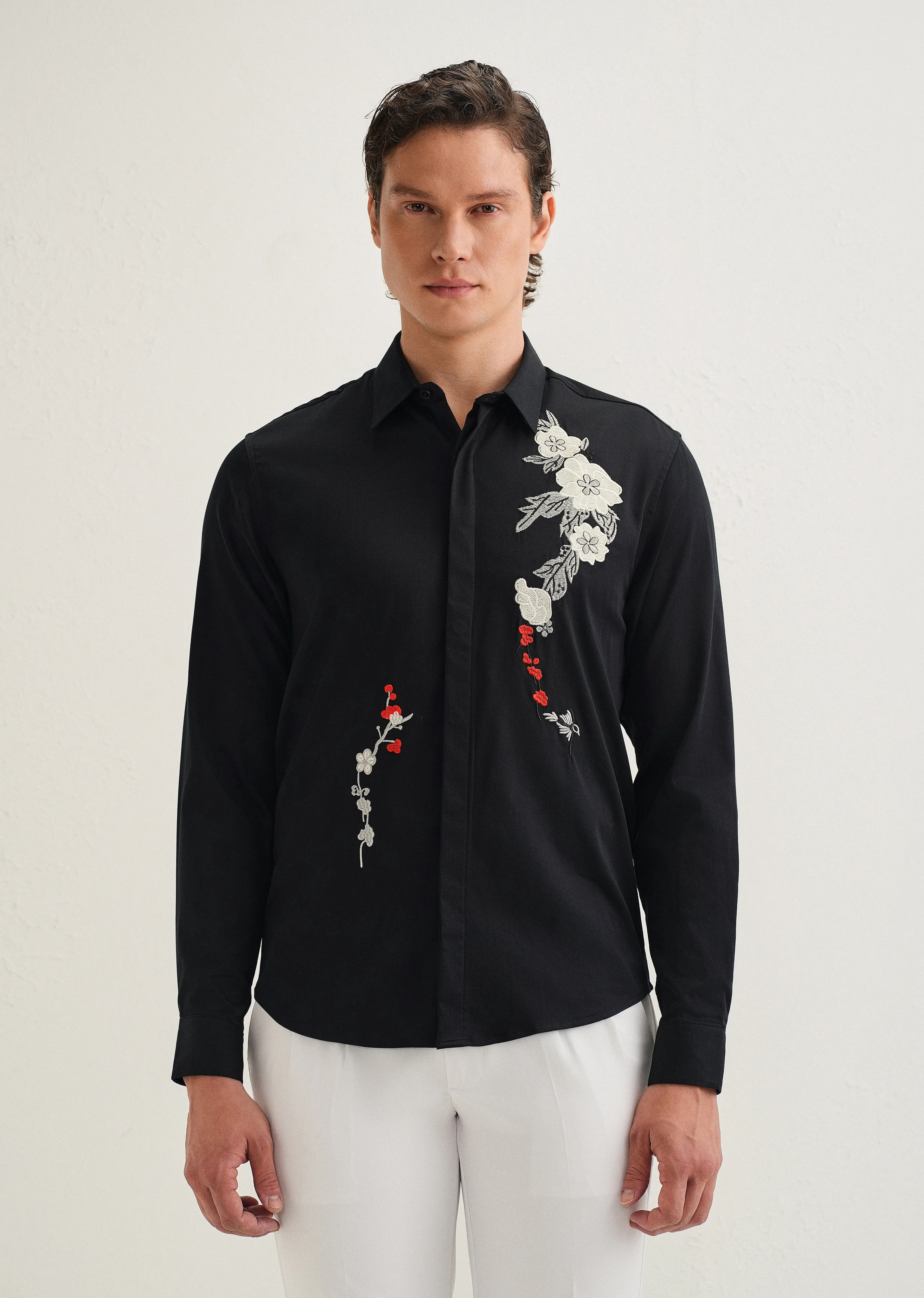 Black Floral Embroidered Designer Shirt - Image 3