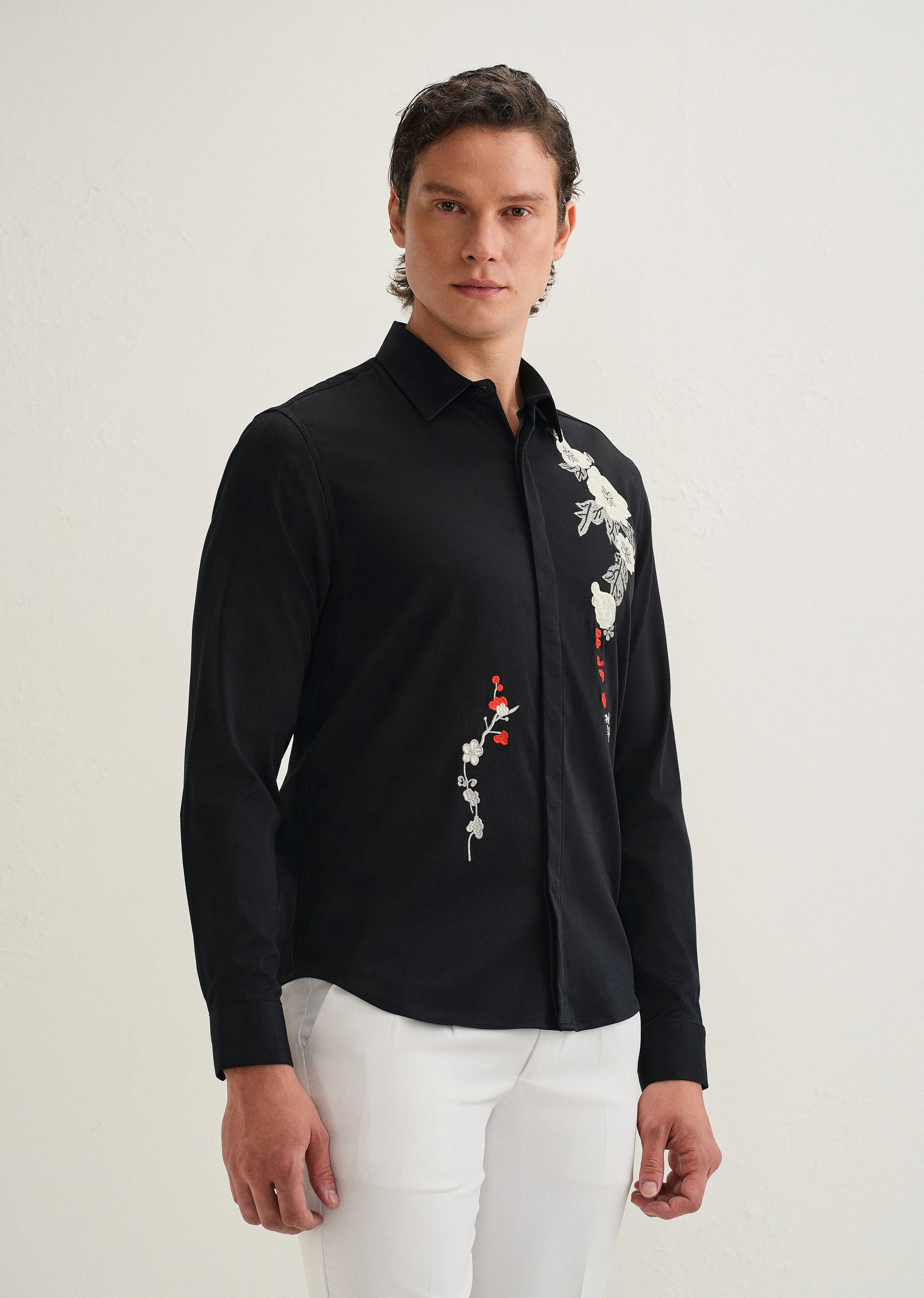 Black Floral Embroidered Designer Shirt - Image 4