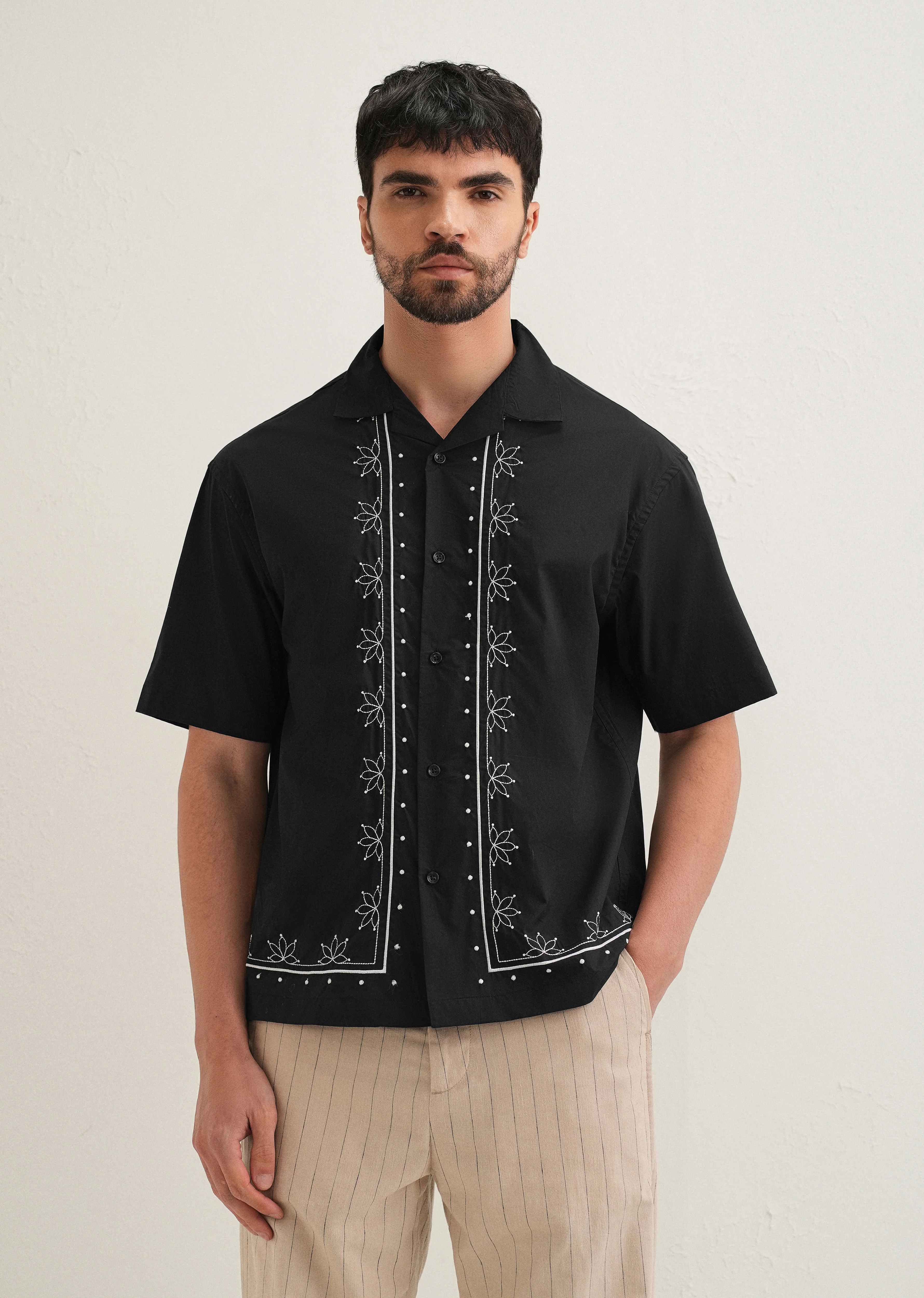 Black Floral Embroidered Pure Cotton Shirt - Image 4