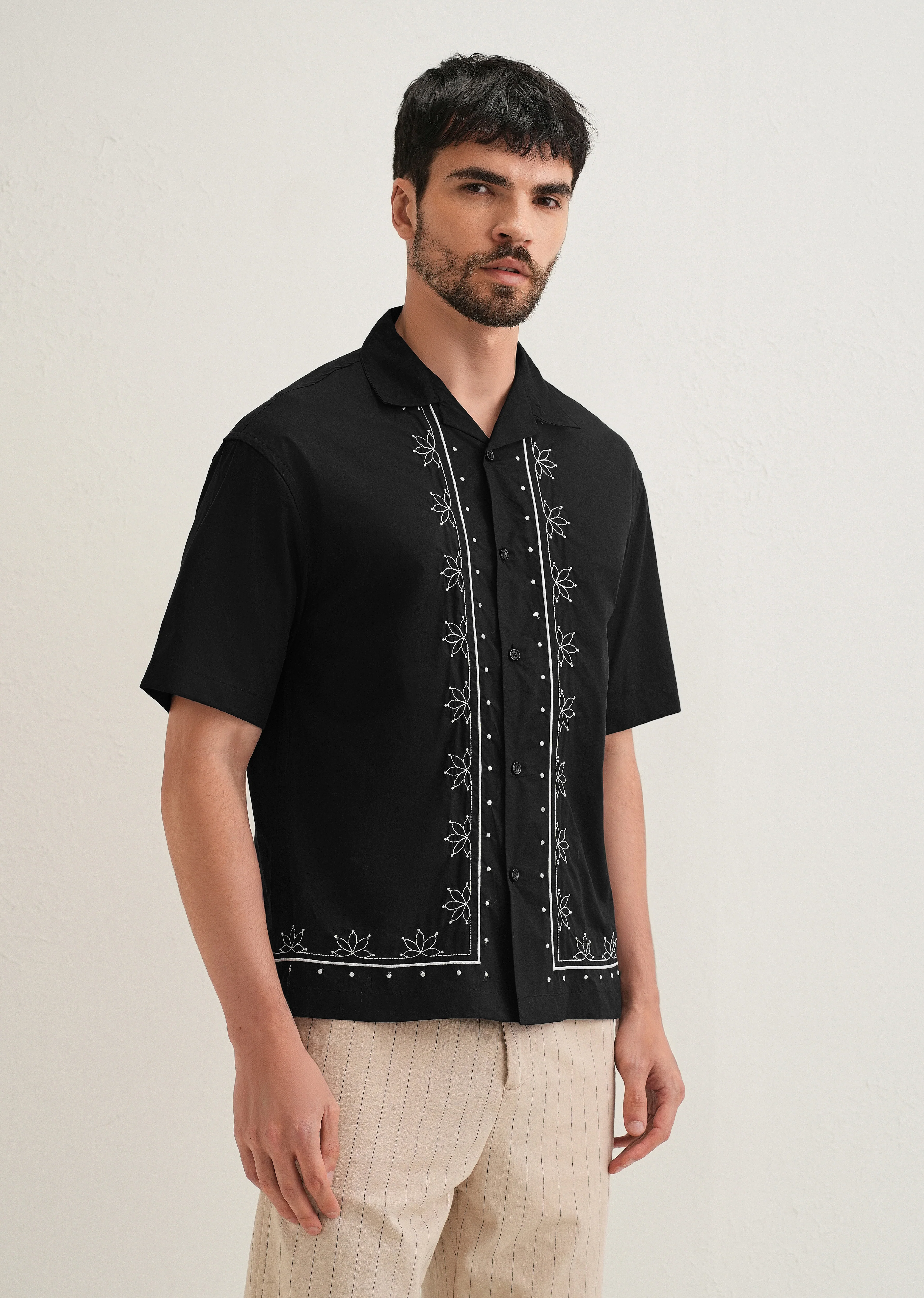Black Floral Embroidered Pure Cotton Shirt - Image 5