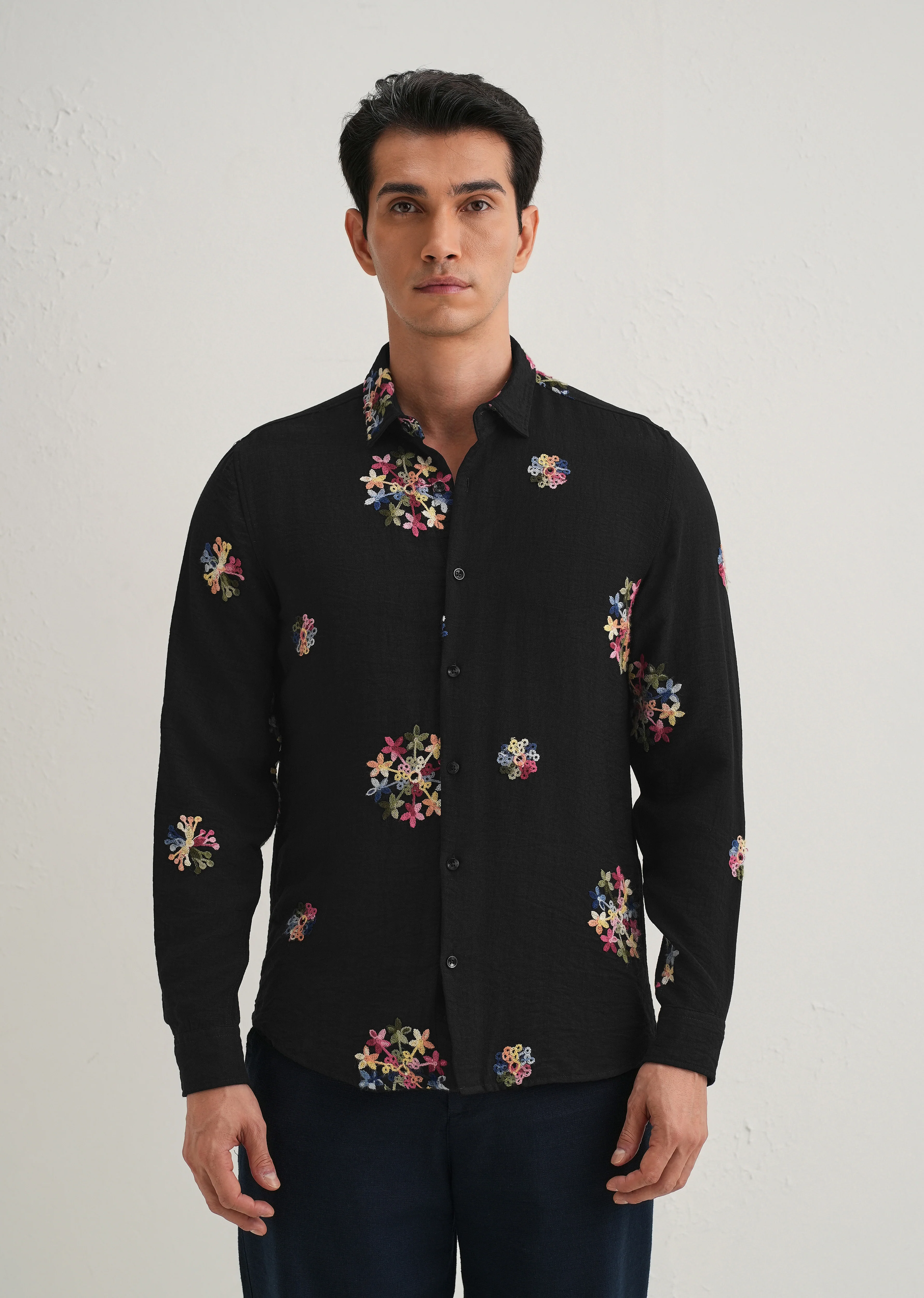 Black Floral Embroidered Shirt - Image 3