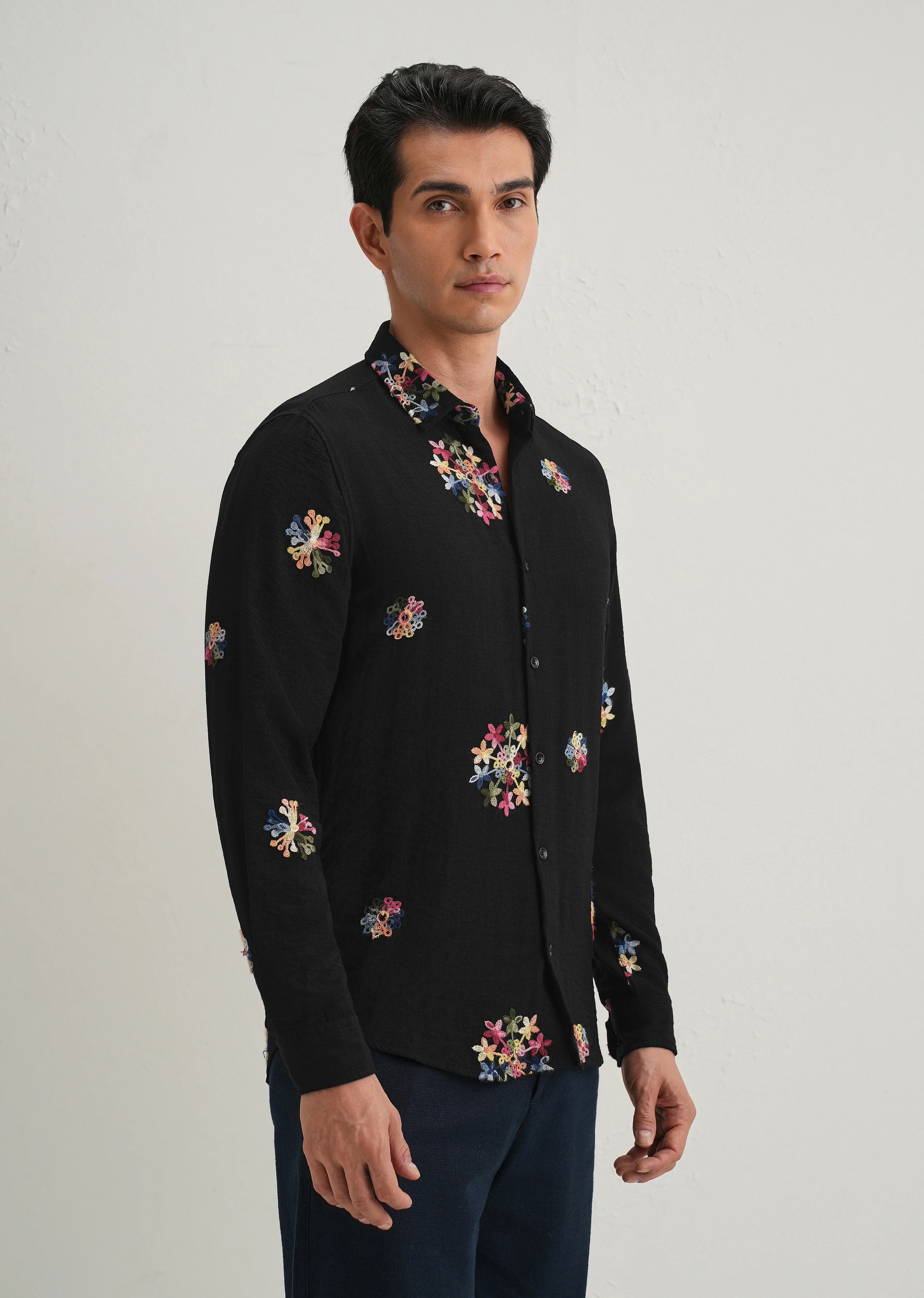 Black Floral Embroidered Shirt - Image 4