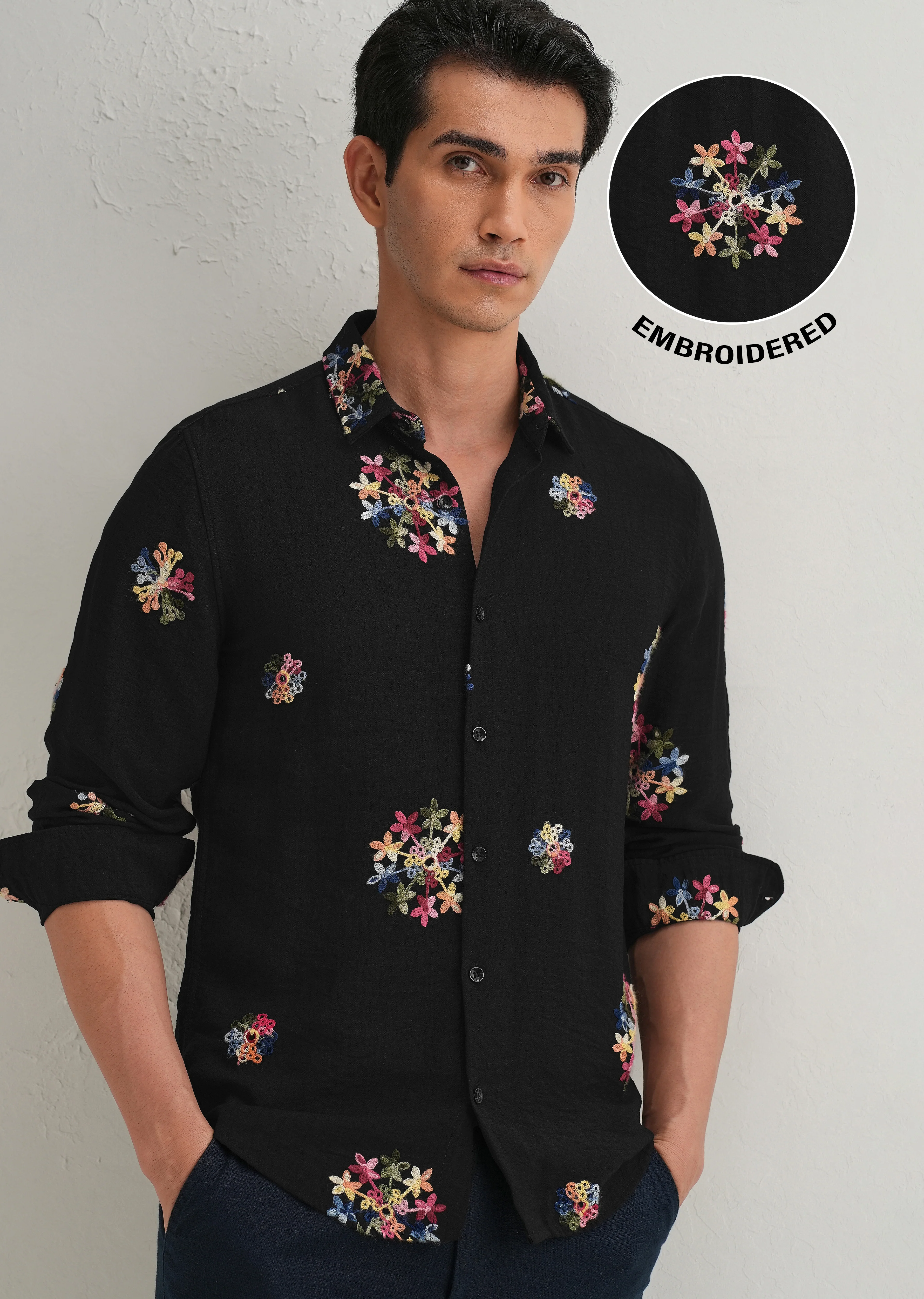 Black Floral Embroidered Shirt - Image 7