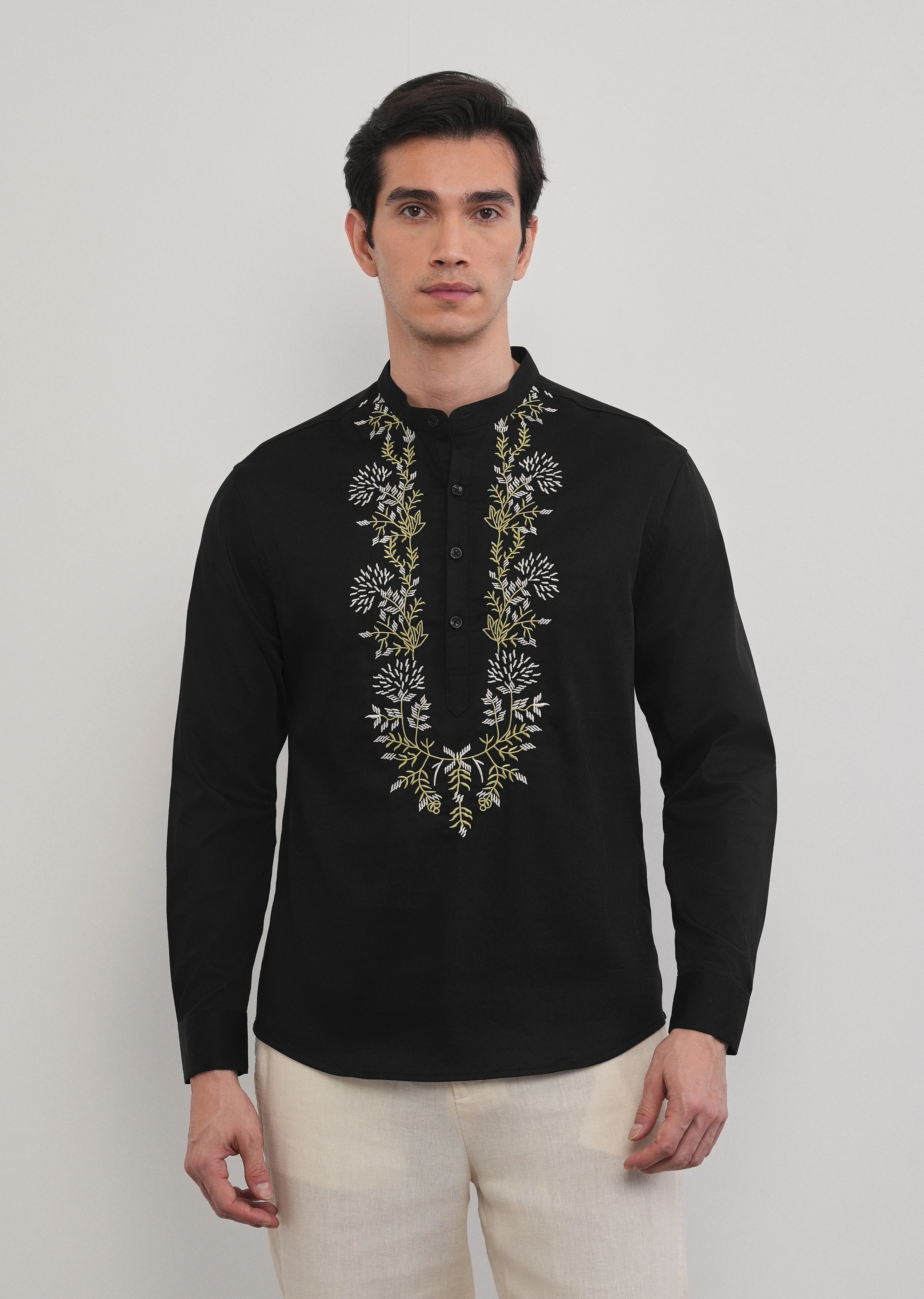 Black Floral Embroidered Short Kurta - Image 3