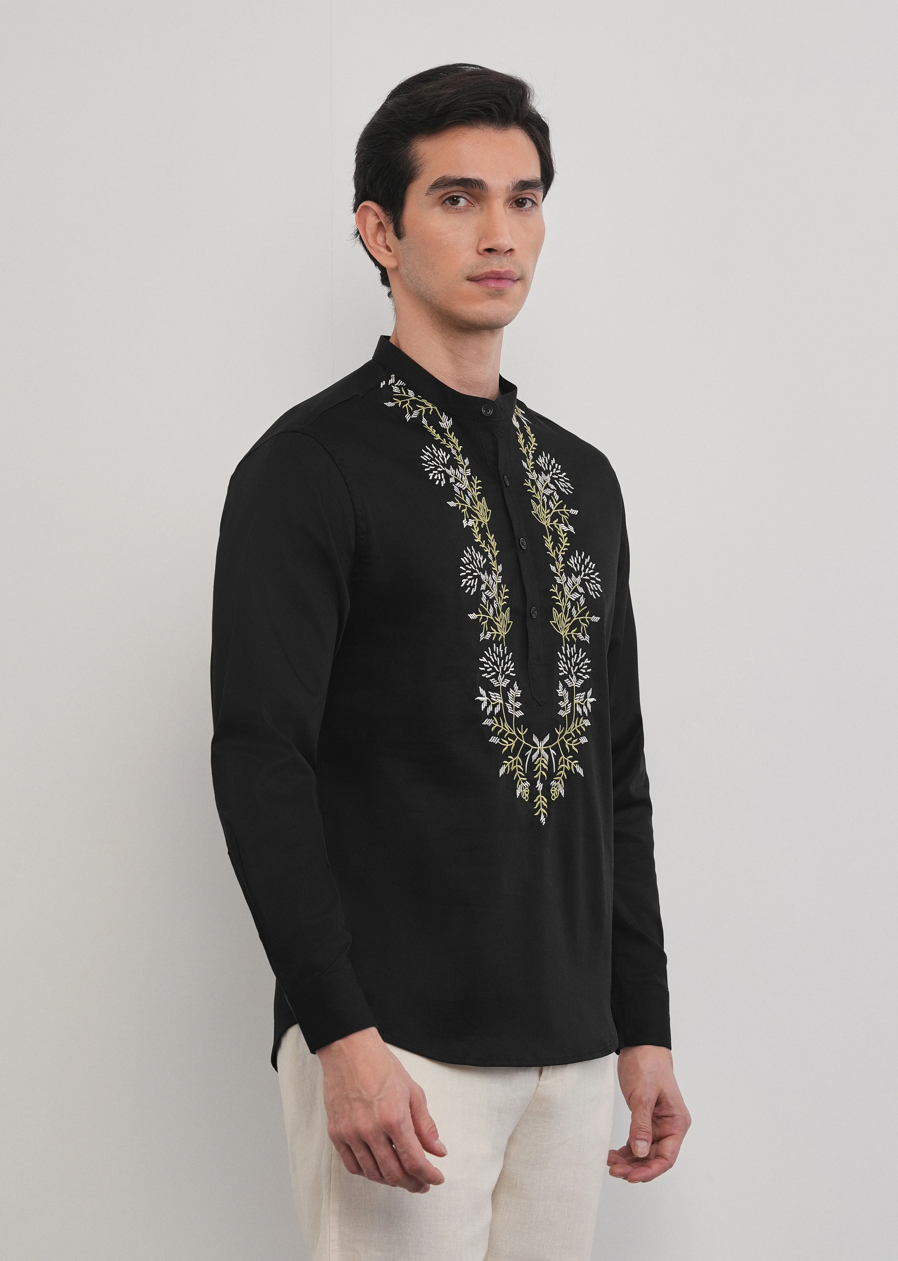 Black Floral Embroidered Short Kurta - Image 4