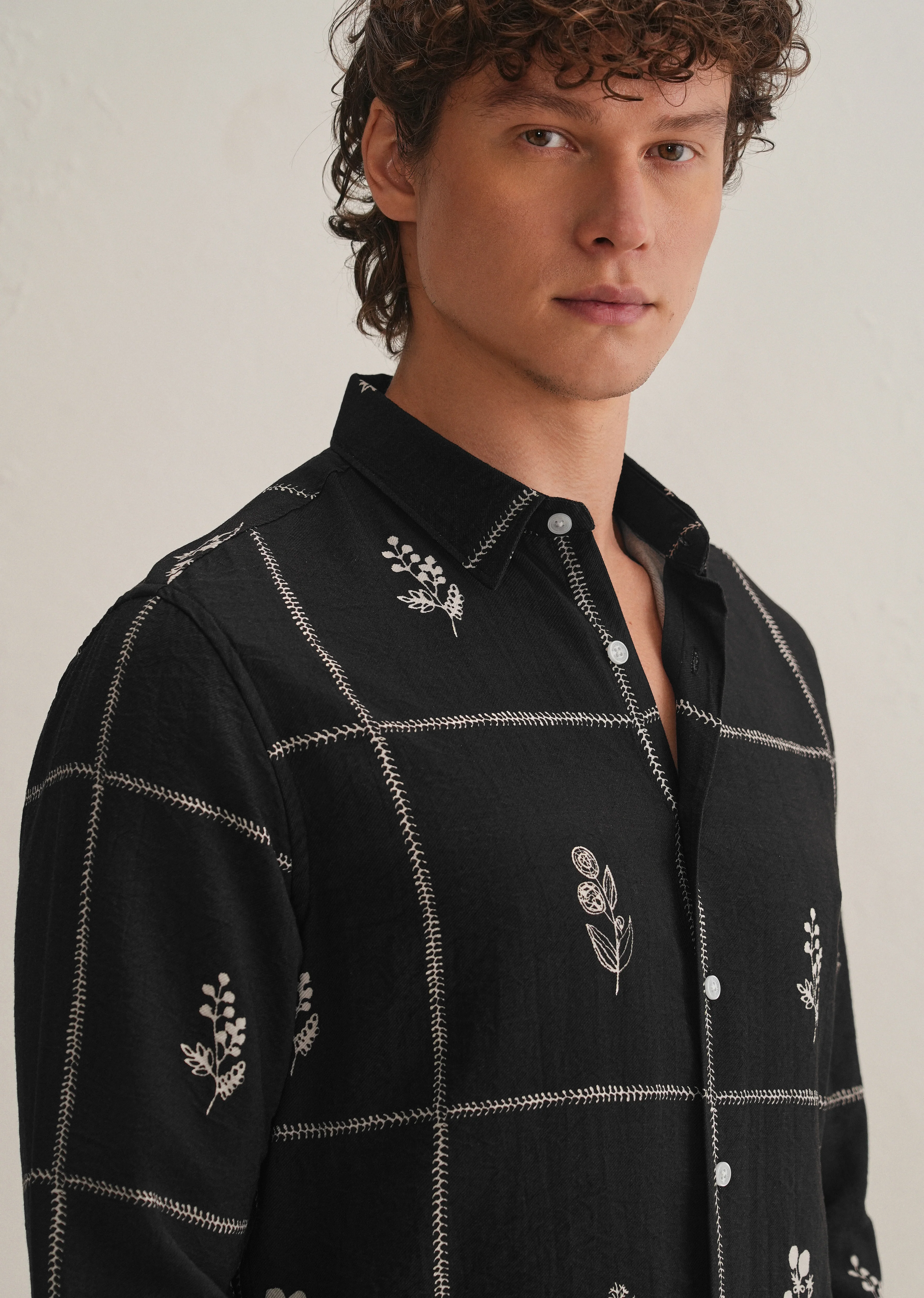 Black Floral Grid Printed Shirt - Image 2