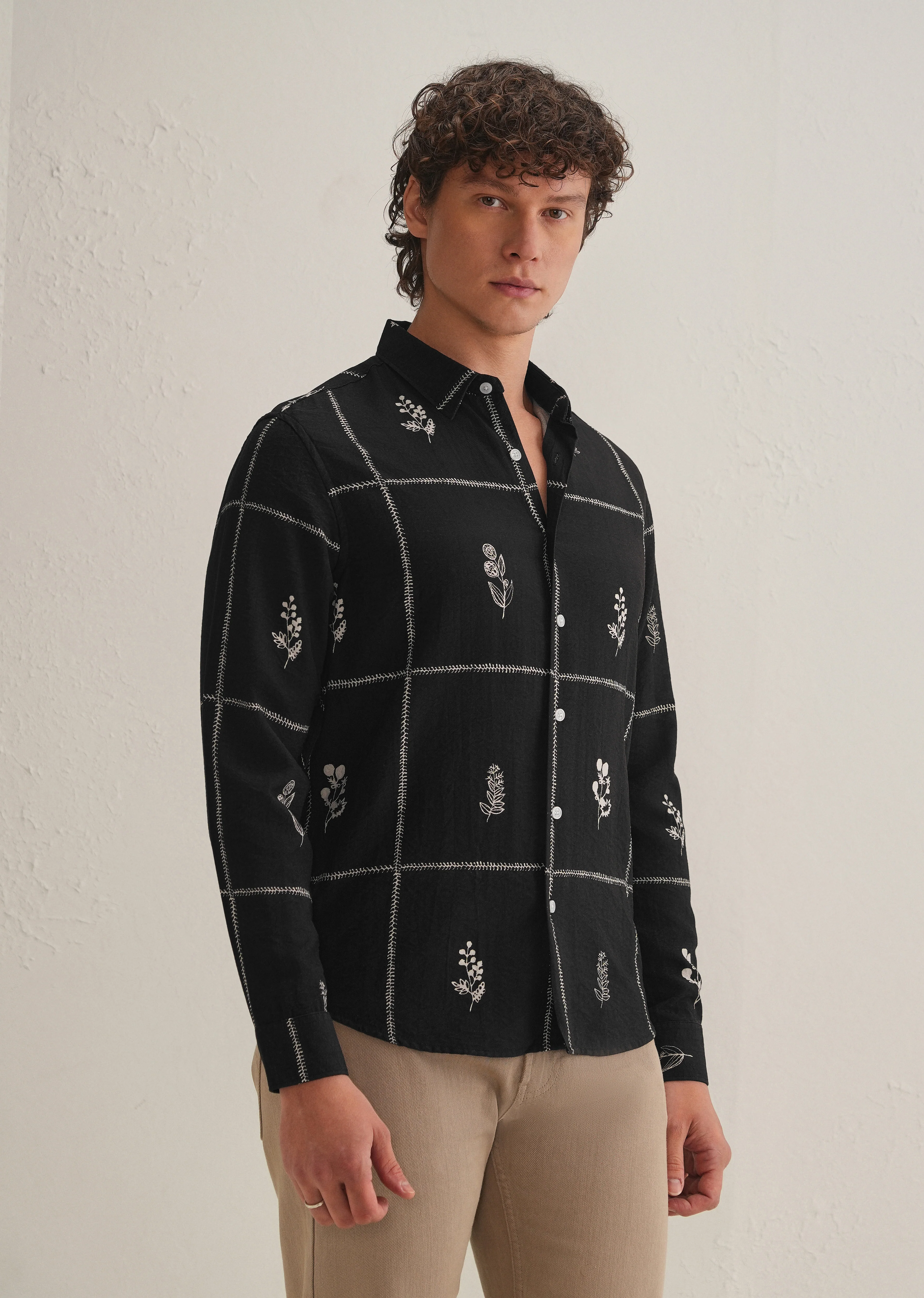 Black Floral Grid Printed Shirt - Image 5